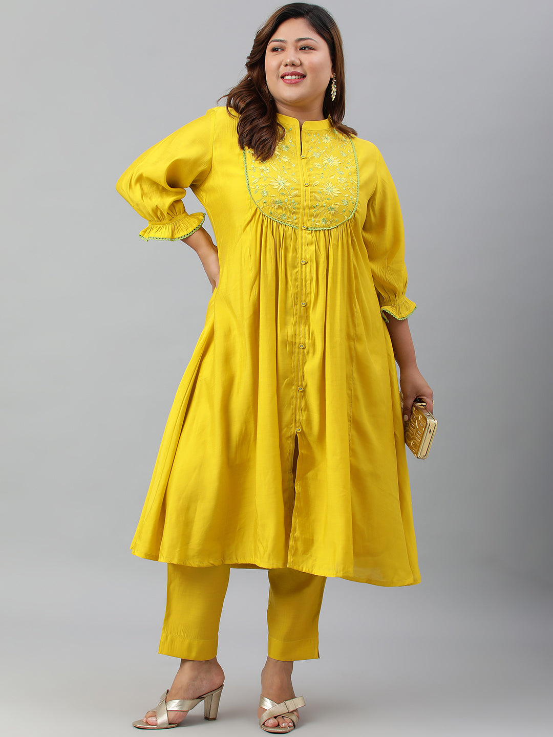 Janasya XL LOVE by Janasya Women's Plus Size Yellow Poly Silk Kurta With Pant - Distacart