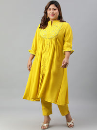 Thumbnail for Janasya XL LOVE by Janasya Women's Plus Size Yellow Poly Silk Kurta With Pant - Distacart
