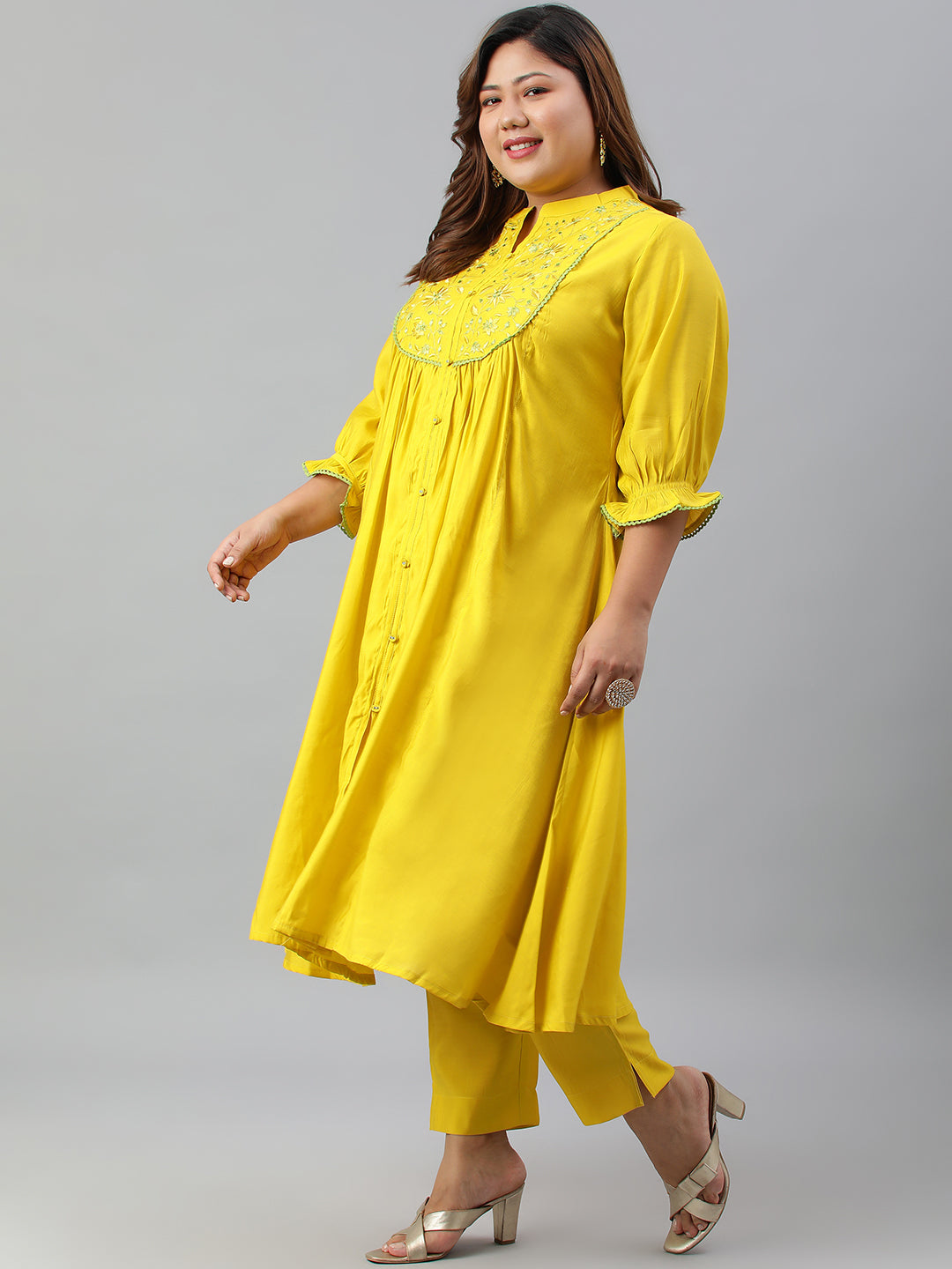 Janasya XL LOVE by Janasya Women's Plus Size Yellow Poly Silk Kurta With Pant - Distacart