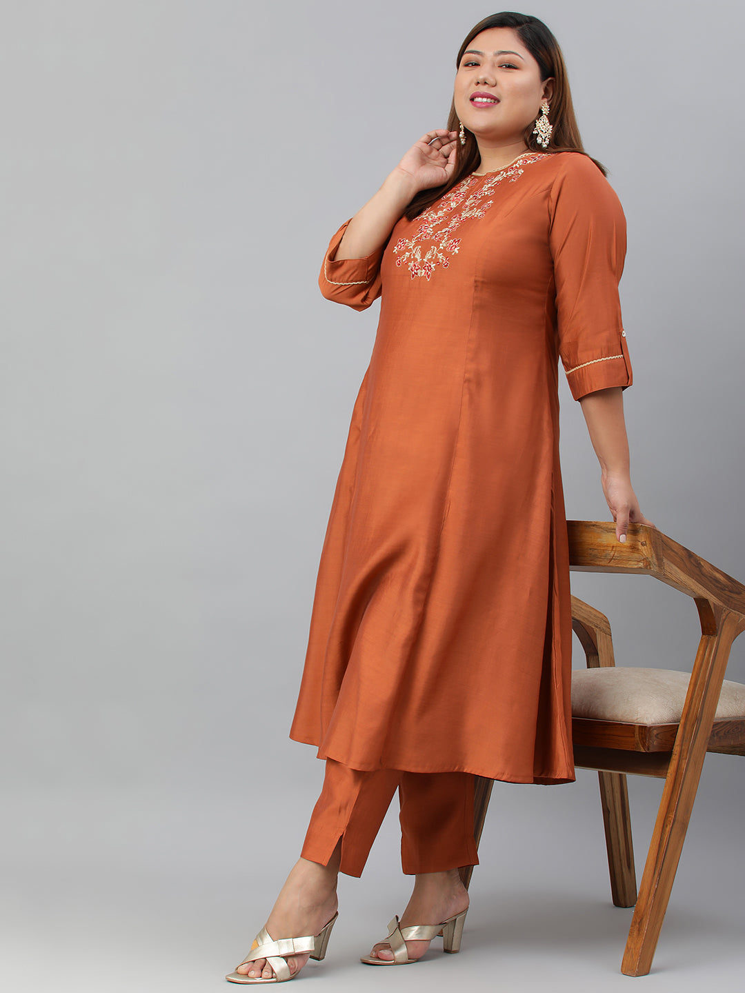 Janasya XL LOVE by Janasya Women's Plus Size Rust Orange Poly Silk Kurta With Pant - Distacart