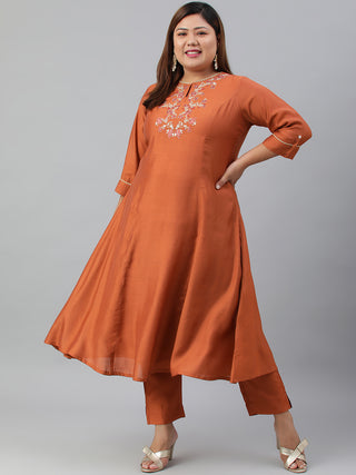 Janasya XL LOVE by Janasya Women's Plus Size Rust Orange Poly Silk Kurta With Pant - Distacart