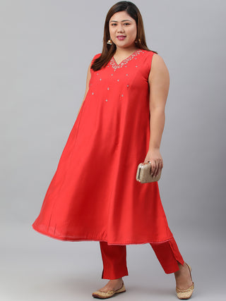 Janasya XL LOVE by Janasya Women's Plus Size Red Art Silk Kurta With Pant - Distacart