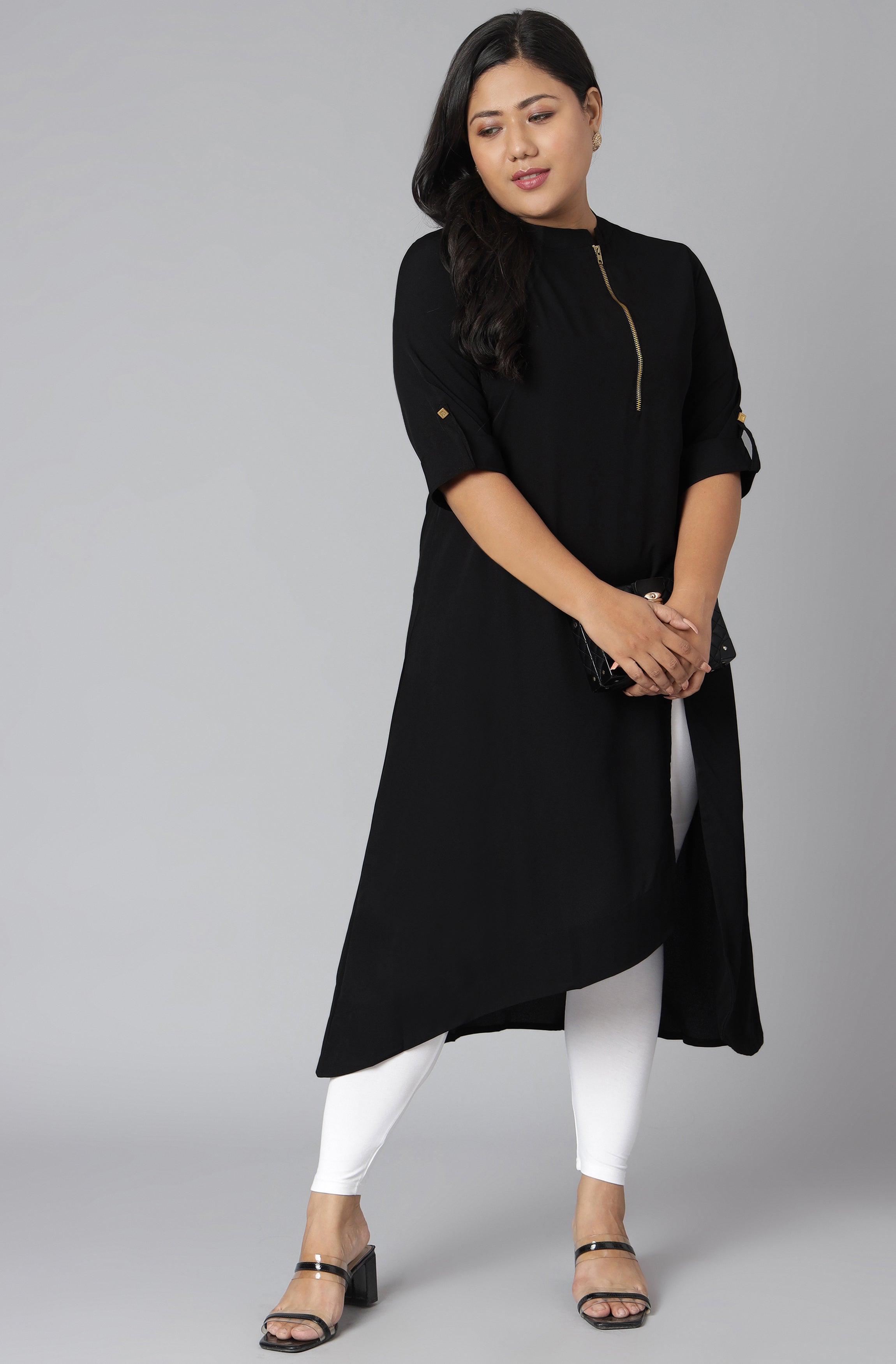 Janasya Women's Black Poly Crepe Solid Casual High Low Kurta - Distacart