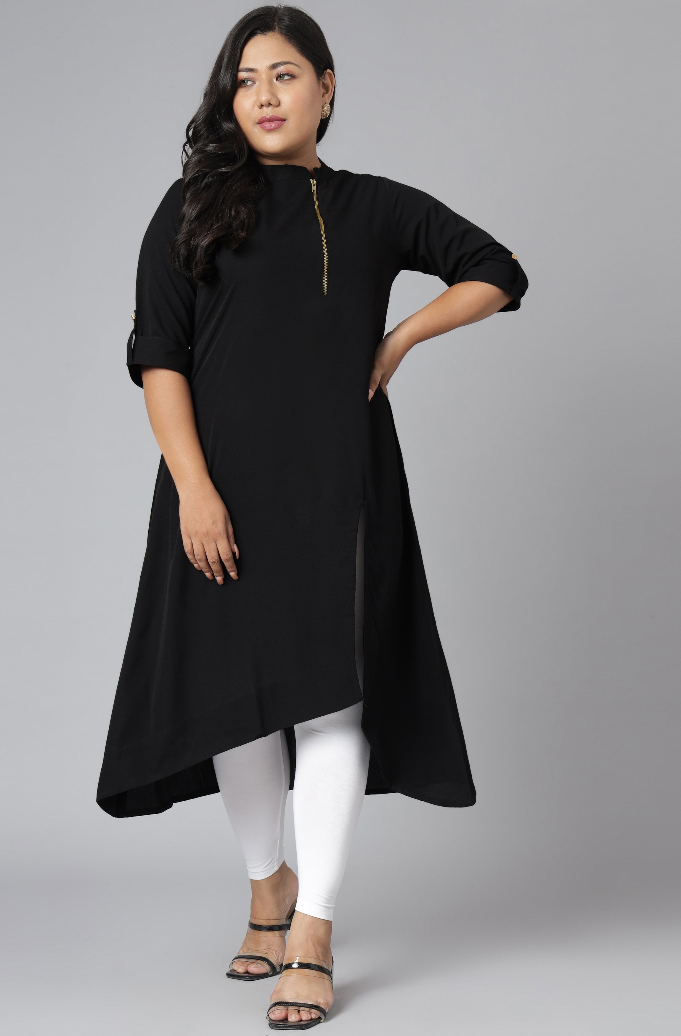 Janasya Women's Black Poly Crepe Solid Casual High Low Kurta - Distacart