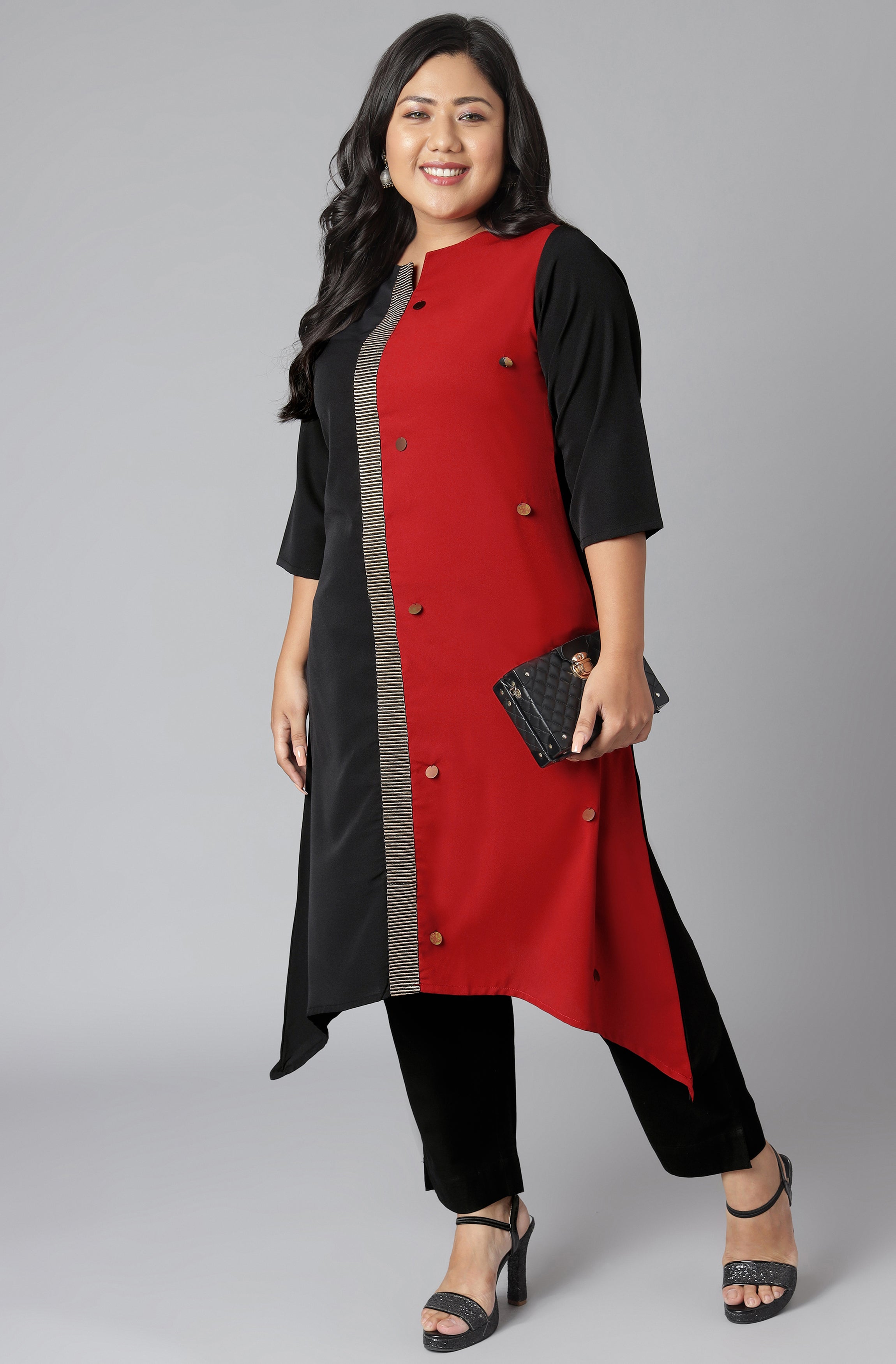 Janasya Women's Black Poly Crepe Colorblock Casual Asymmetric Kurta - Distacart