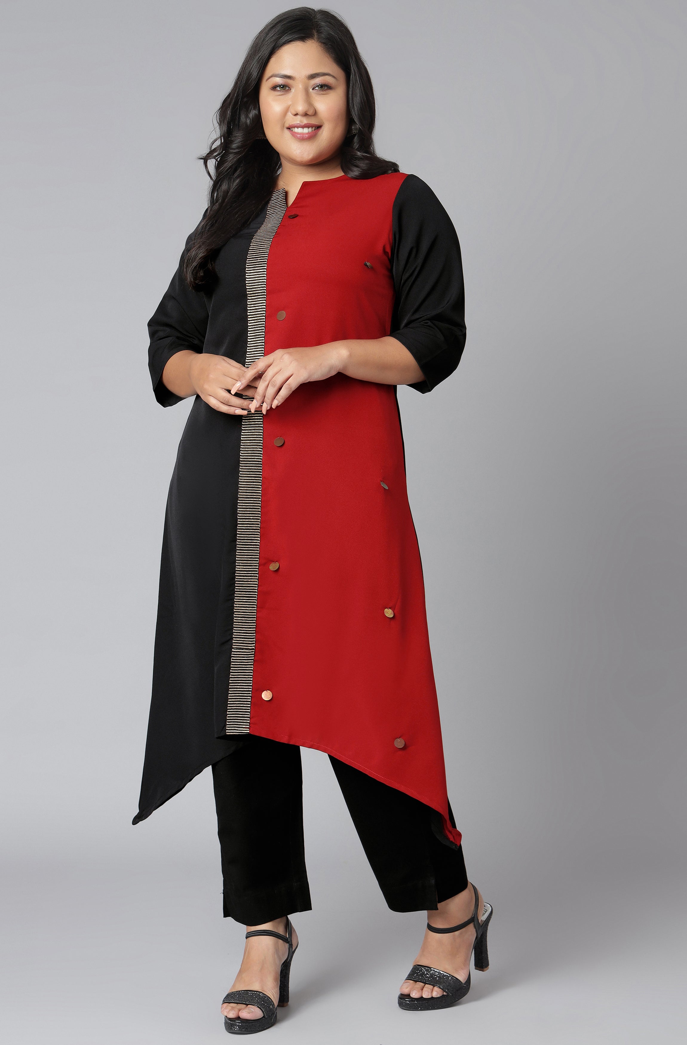Janasya Women's Black Poly Crepe Colorblock Casual Asymmetric Kurta - Distacart