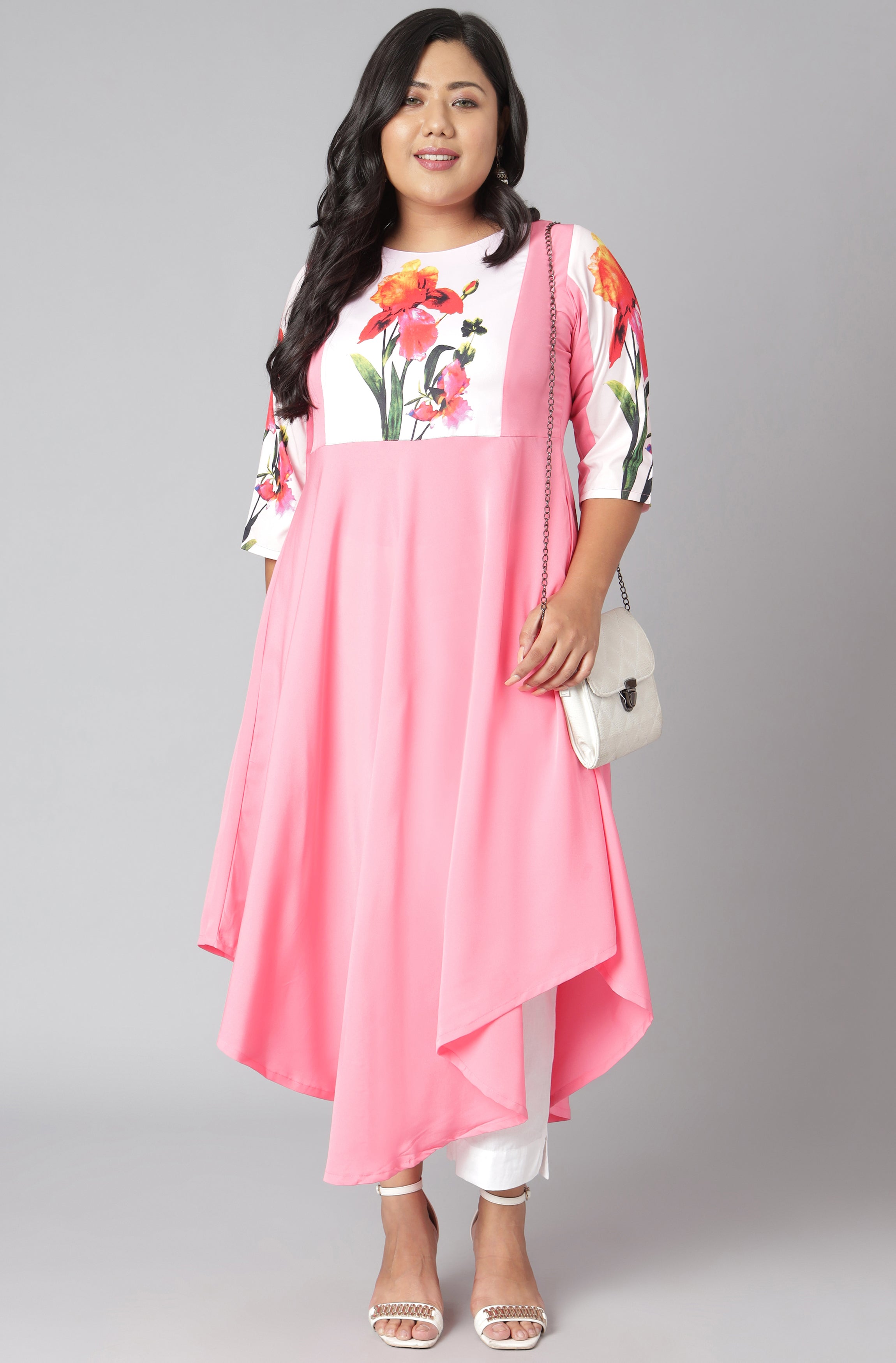 Janasya Women's Pink Poly Crepe Floral Print Casual Flared Kurta - Distacart