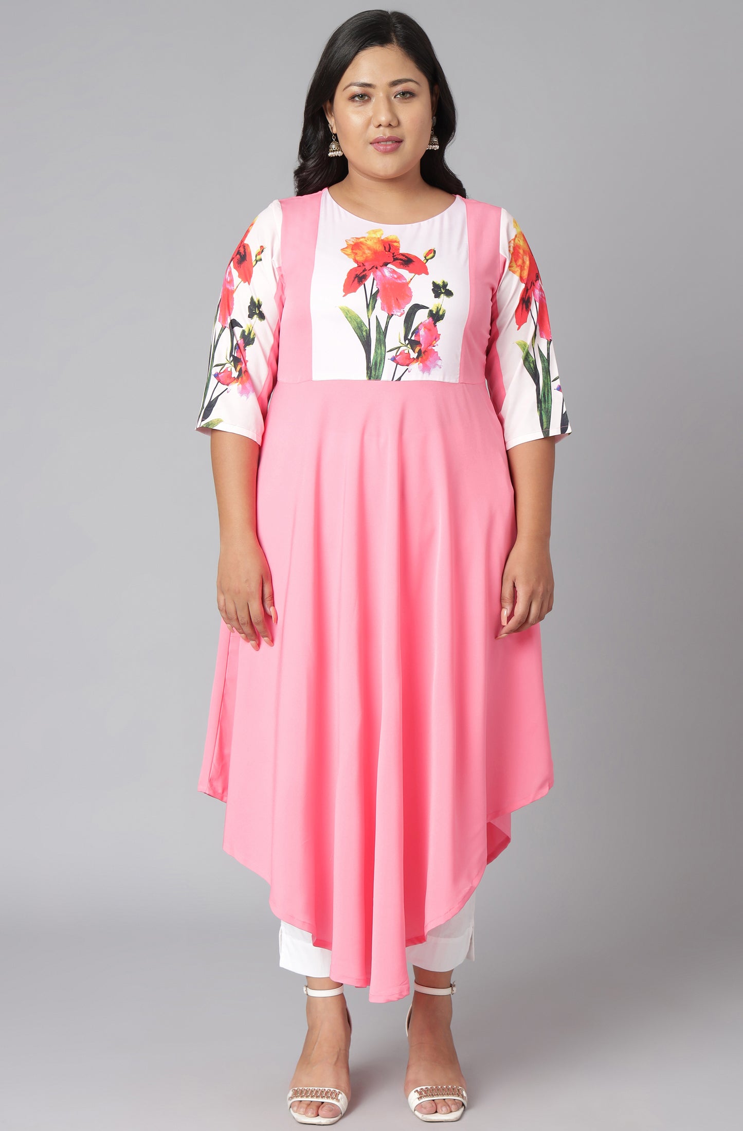 Janasya Women's Pink Poly Crepe Floral Print Casual Flared Kurta - Distacart