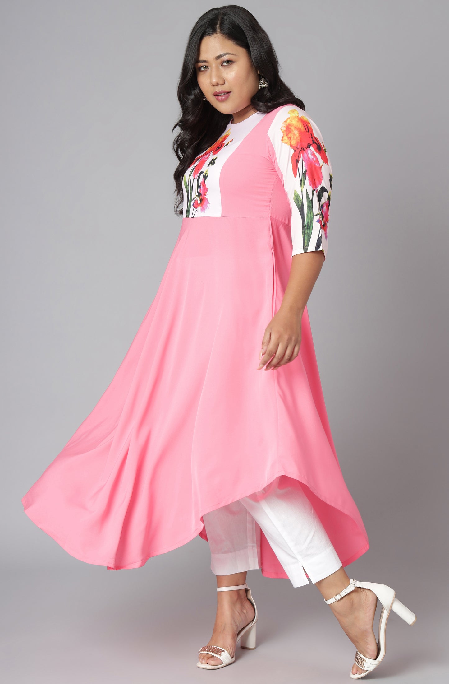 Janasya Women's Pink Poly Crepe Floral Print Casual Flared Kurta - Distacart