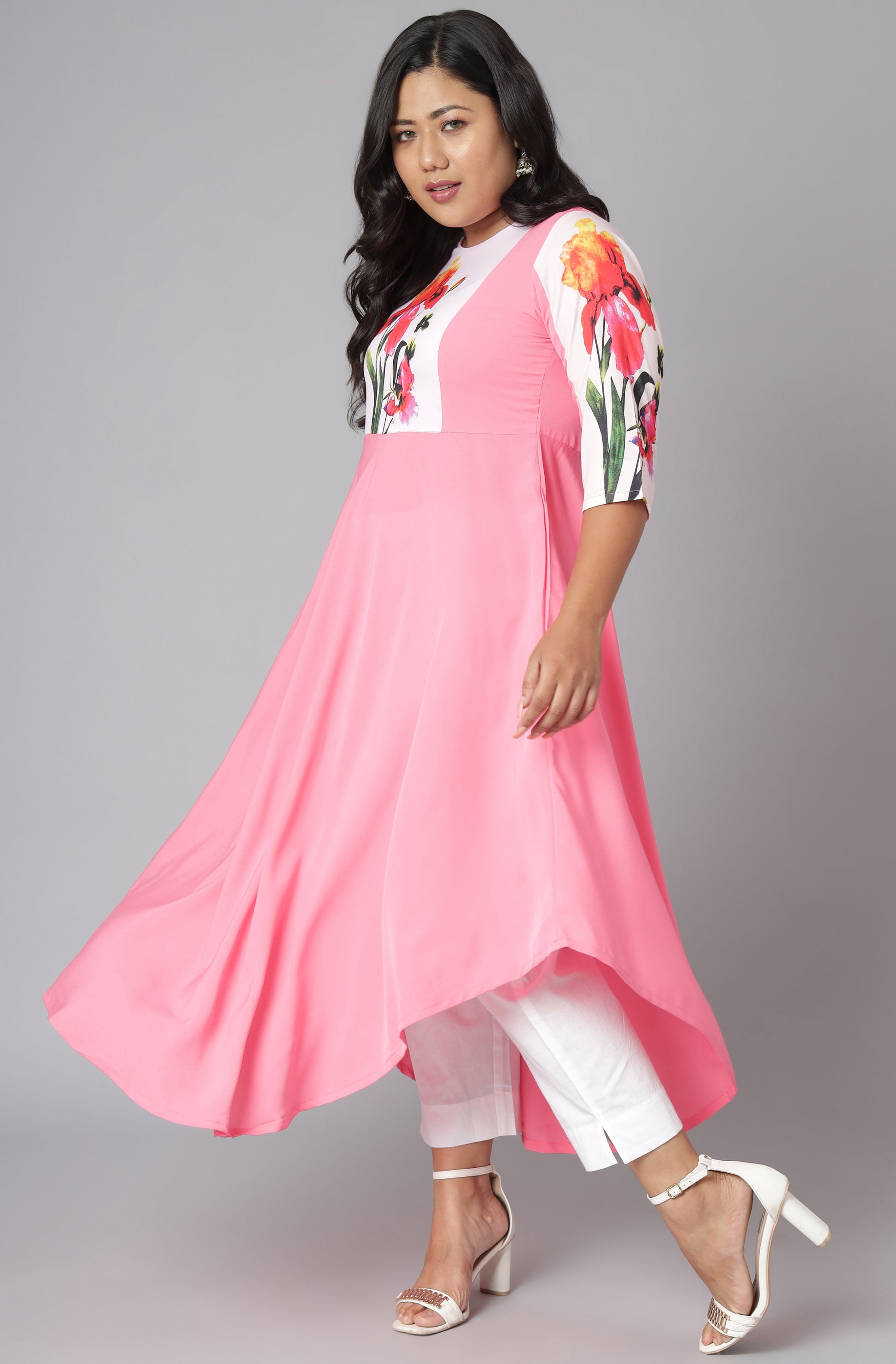 Janasya Women's Pink Poly Crepe Floral Print Casual Flared Kurta - Distacart