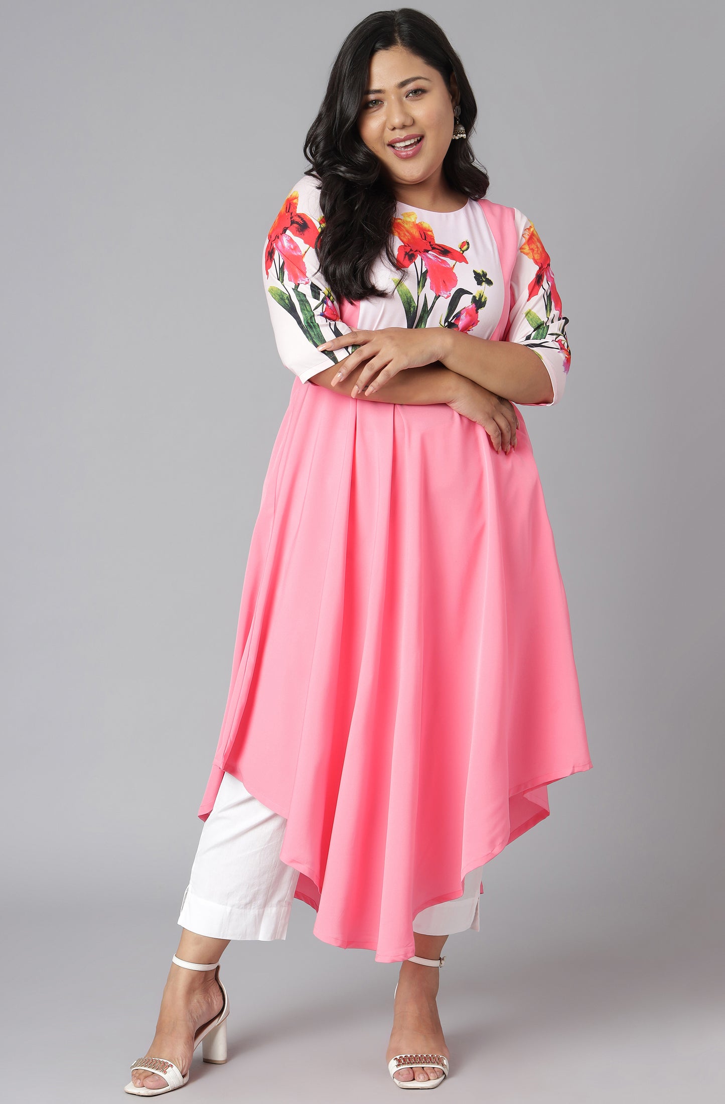 Janasya Women's Pink Poly Crepe Floral Print Casual Flared Kurta - Distacart