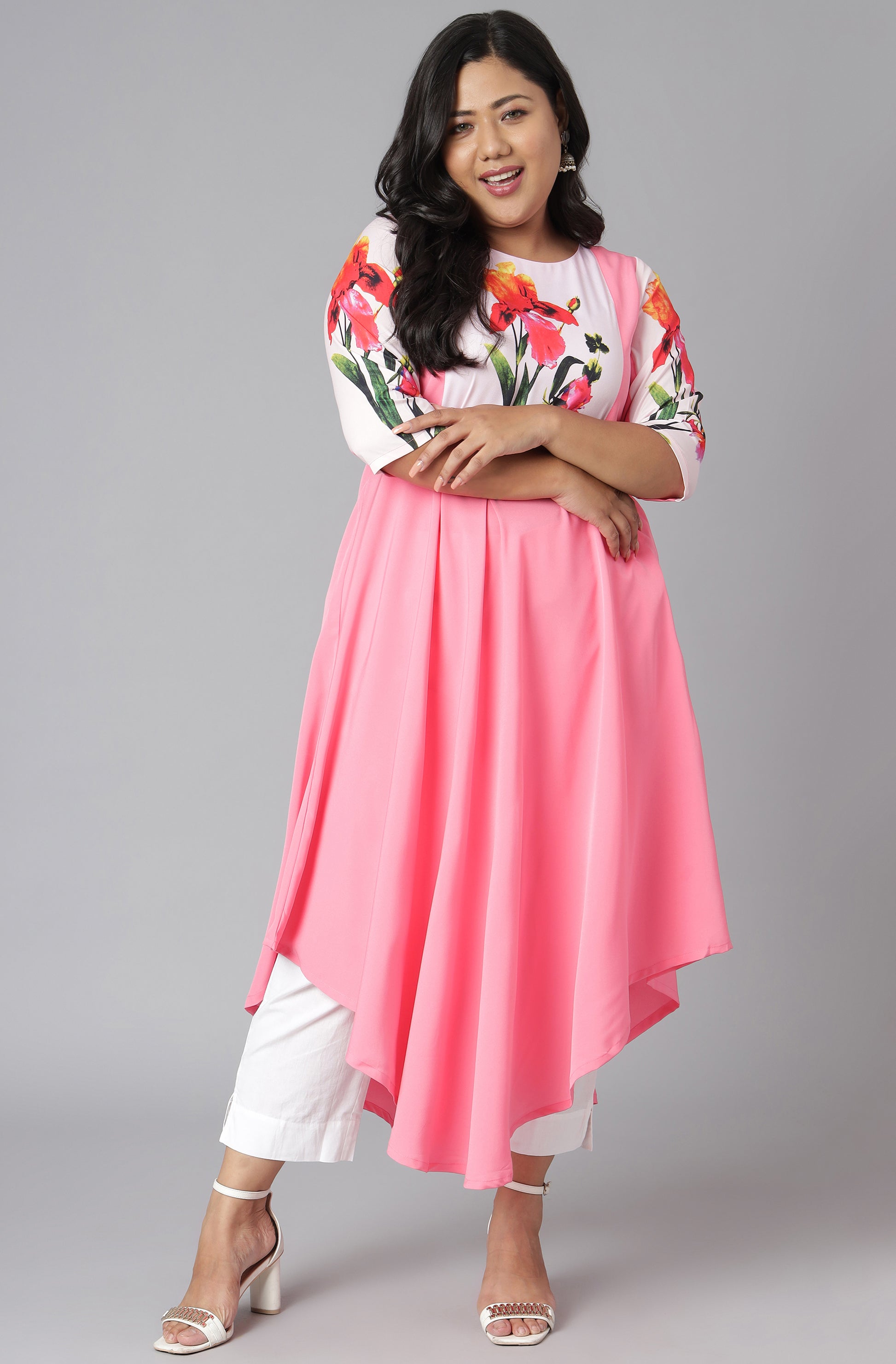 Janasya Women's Pink Poly Crepe Floral Print Casual Flared Kurta - Distacart