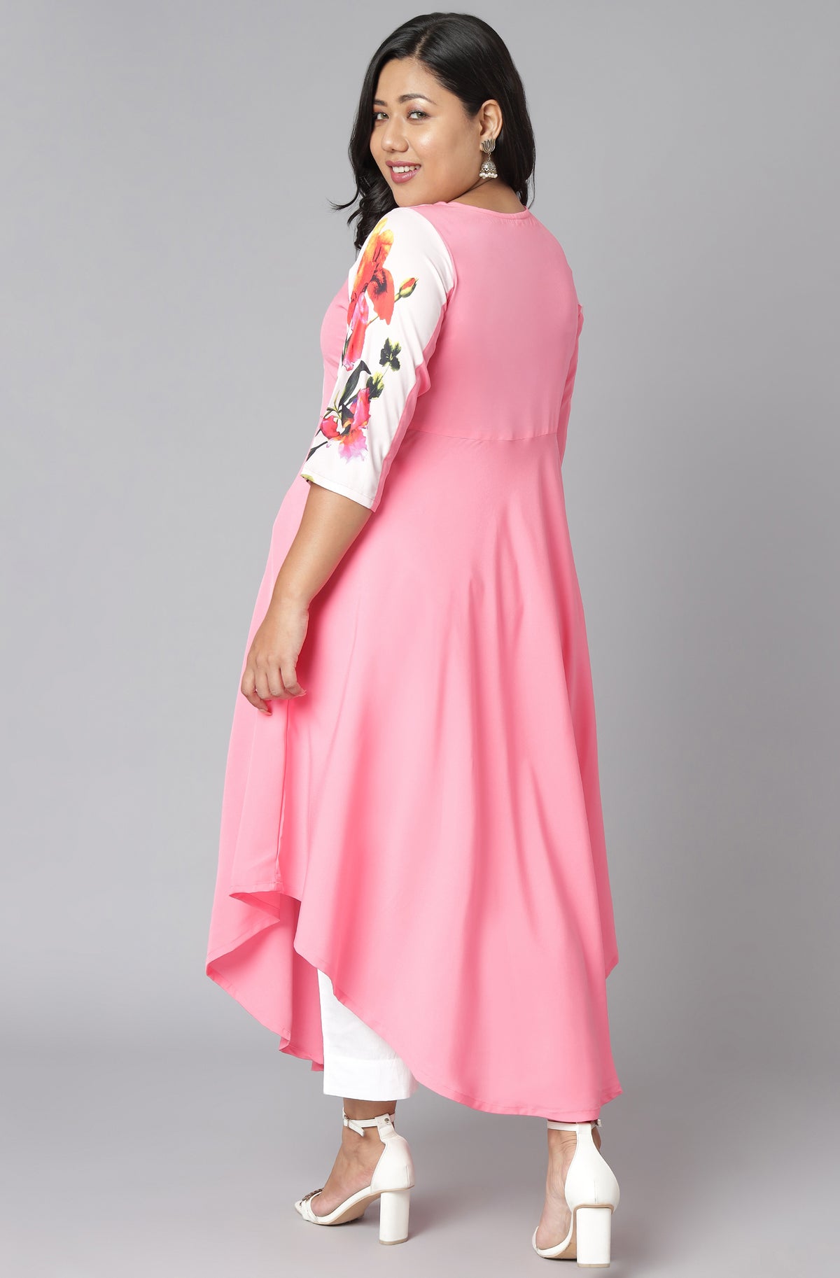 Janasya Women's Pink Poly Crepe Floral Print Casual Flared Kurta - Distacart