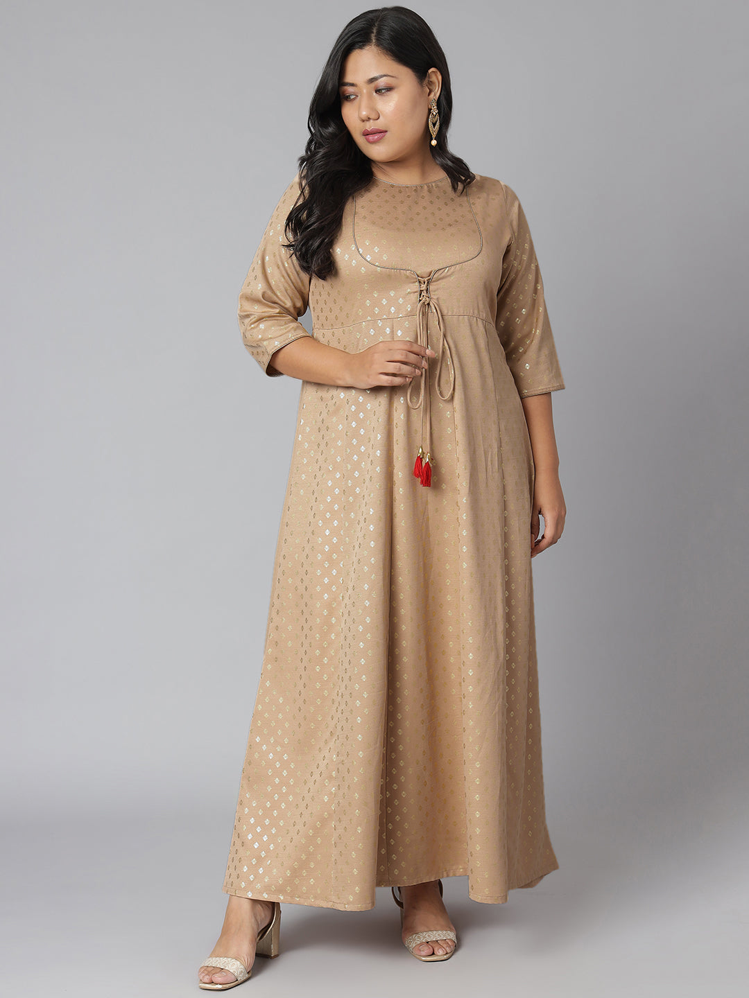 Janasya Women's Beige Poly Silk Foil Print Festive & Party Anarkali Kurta - Distacart