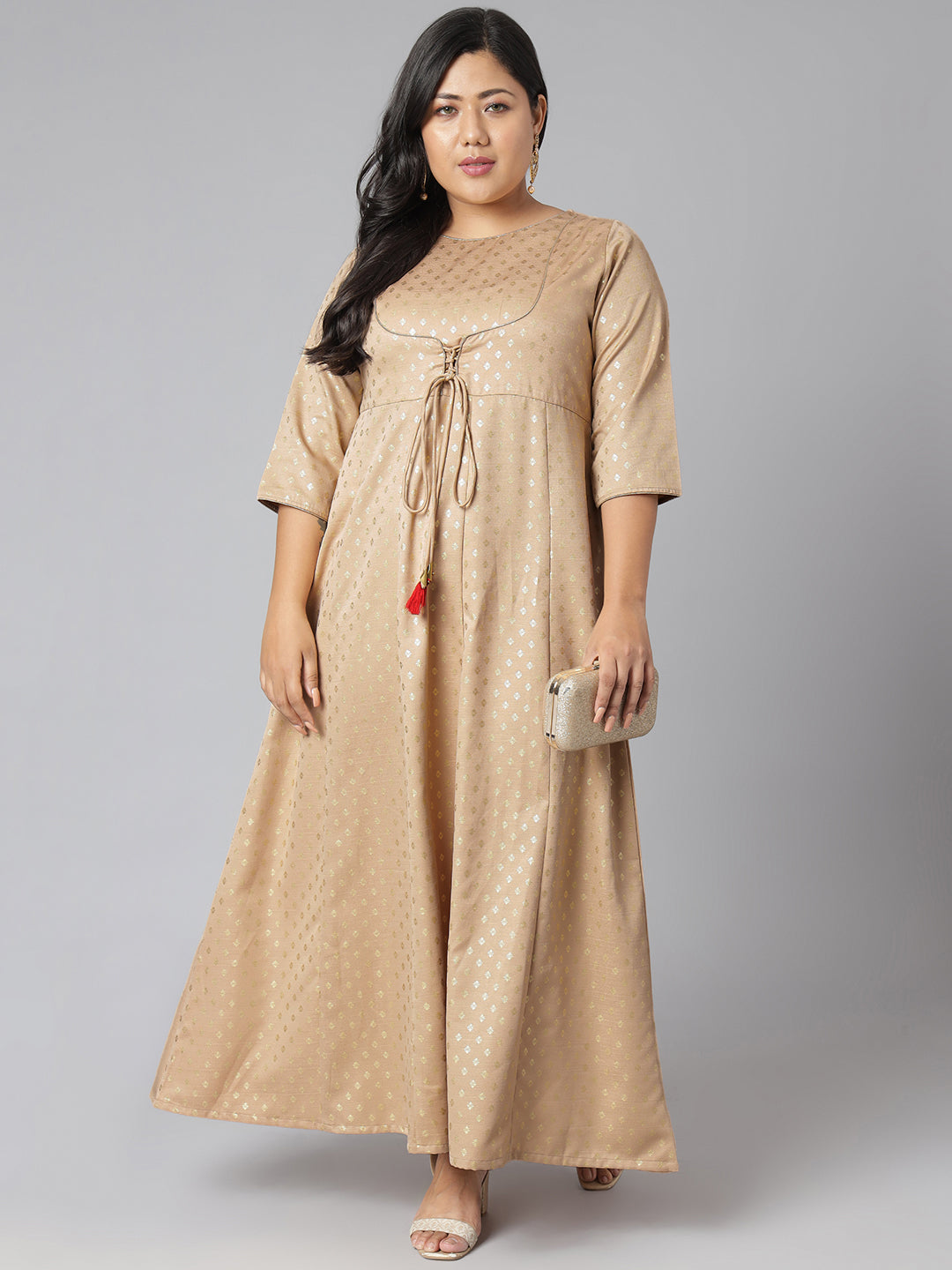 Janasya Women's Beige Poly Silk Foil Print Festive & Party Anarkali Kurta - Distacart