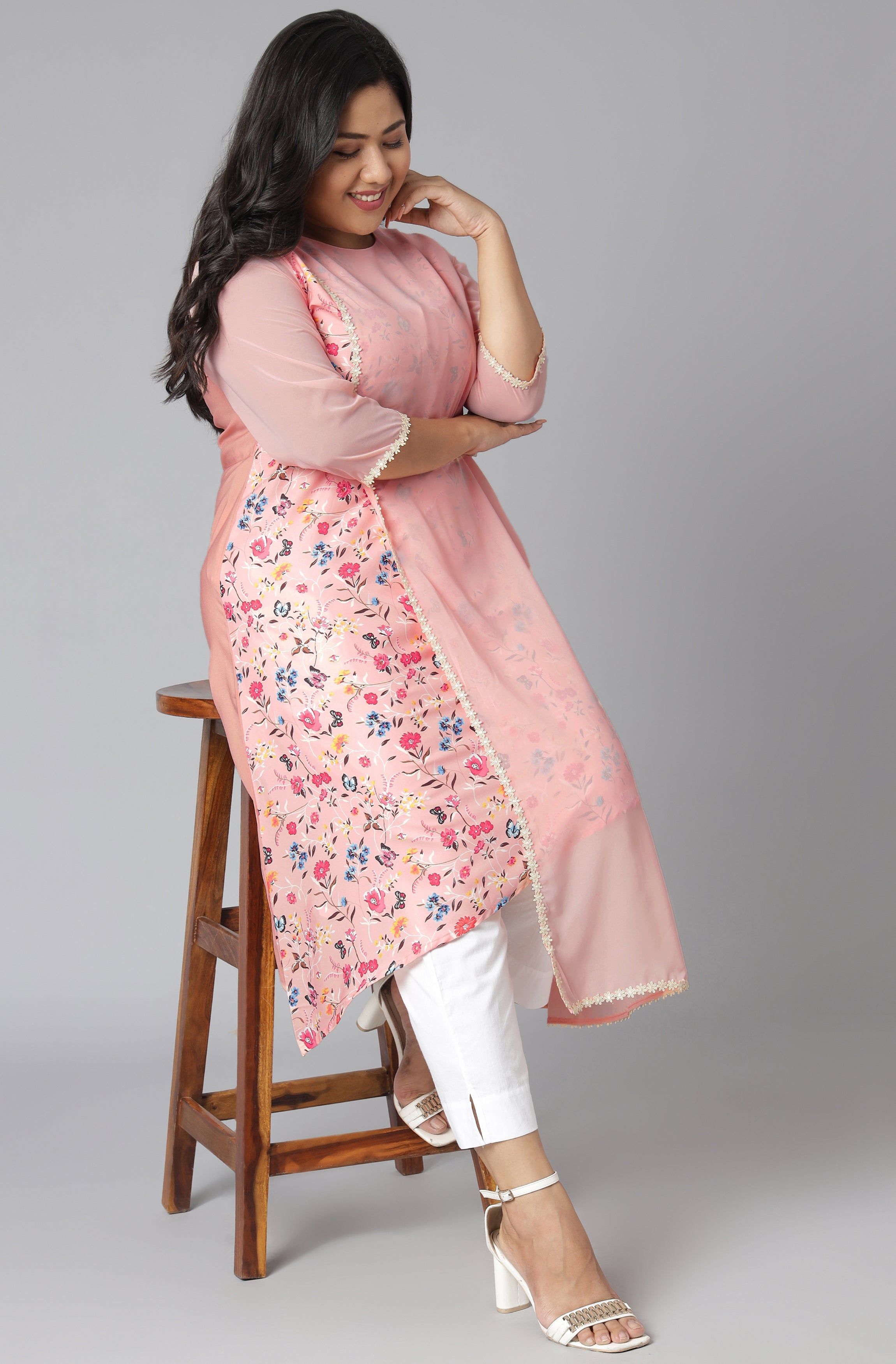 Janasya Women's Pink Poly Crepe Floral Print Casual High Low Kurta - Distacart