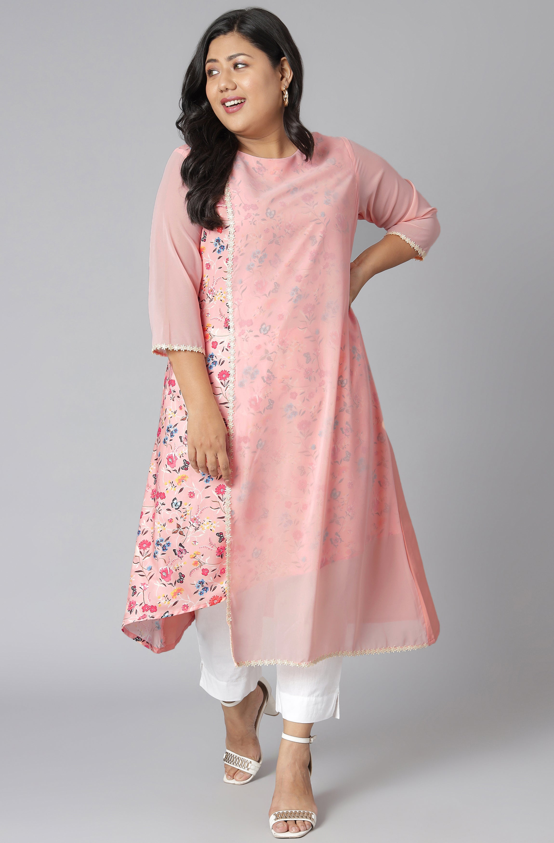 Janasya Women's Pink Poly Crepe Floral Print Casual High Low Kurta - Distacart
