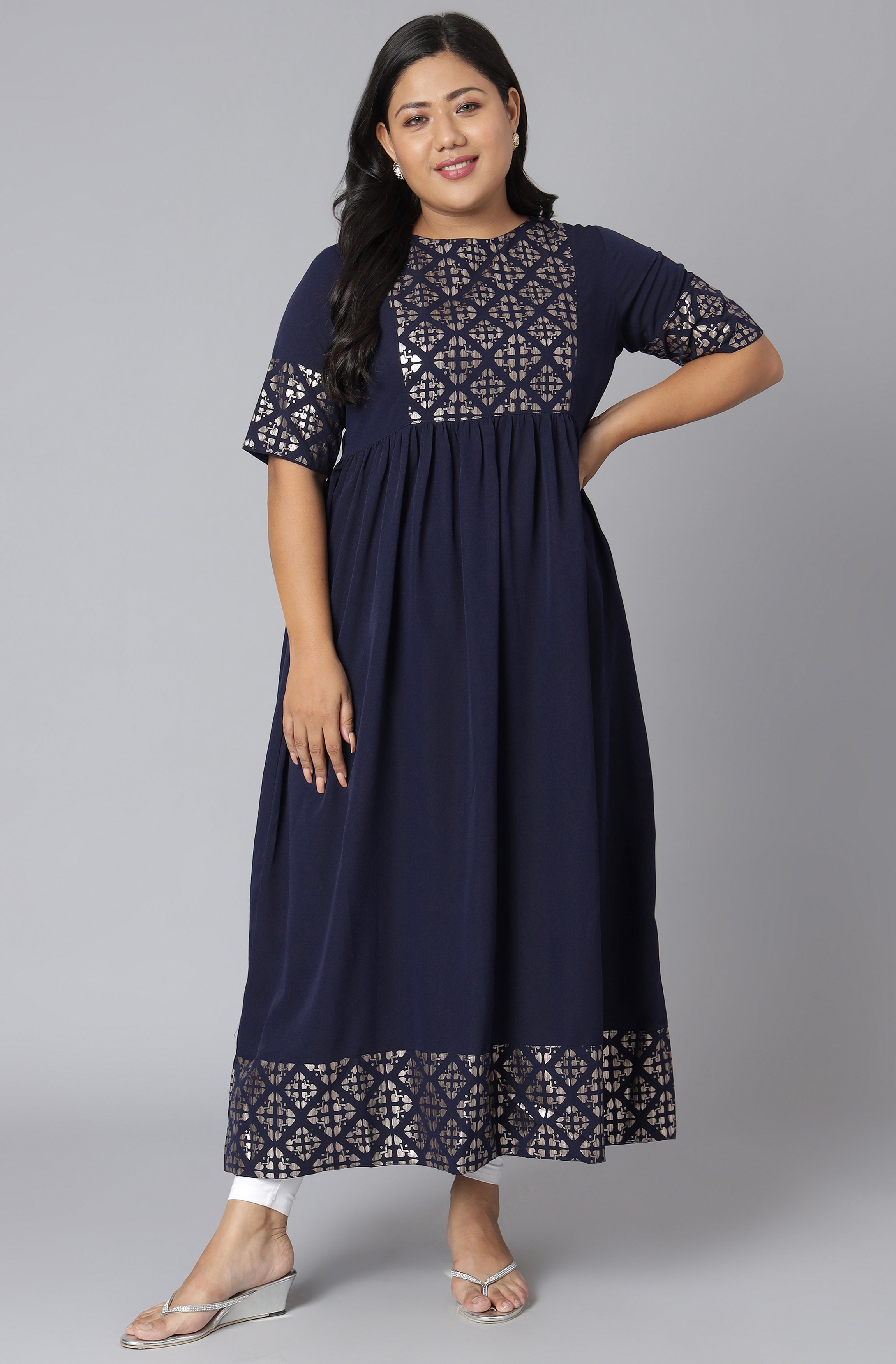 Janasya Women's Dark Blue Poly Crepe Foil Print Casual Flared Kurta - Distacart