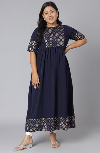 Janasya Women's Dark Blue Poly Crepe Foil Print Casual Flared Kurta - Distacart