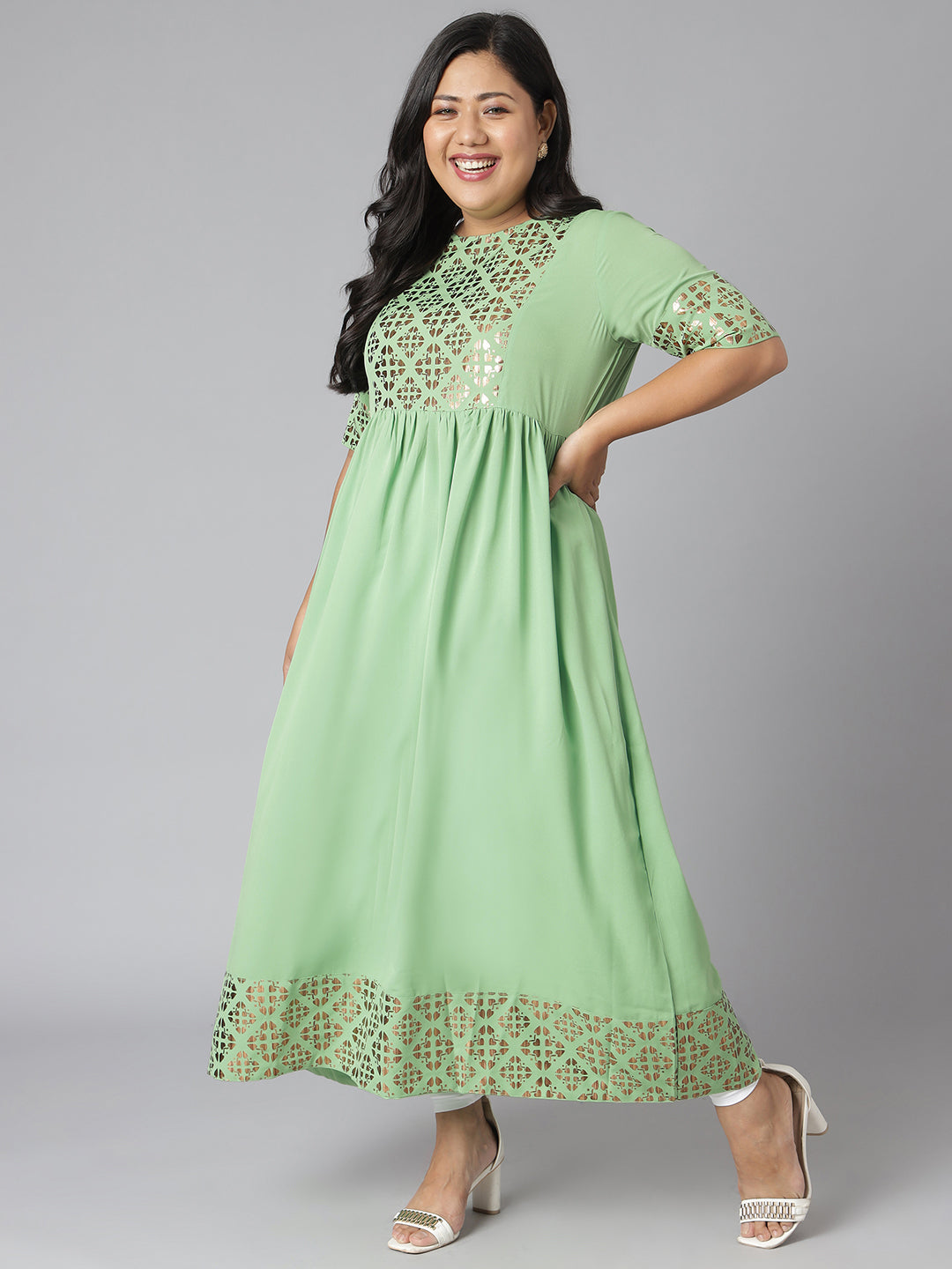Janasya Women's Green Poly Crepe Foil Print Casual Flared Kurta - Distacart