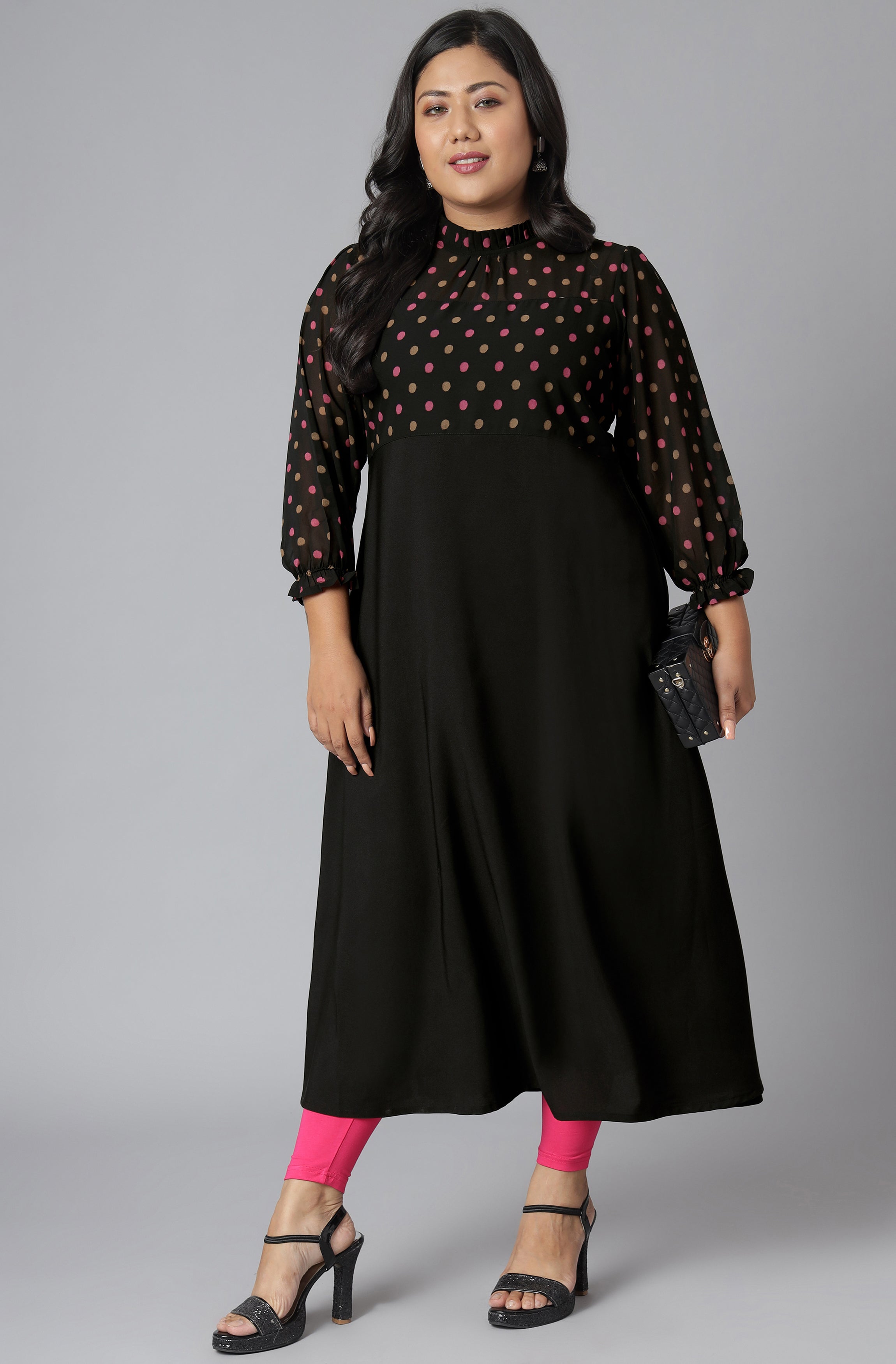Janasya Women's Black Poly Crepe Polka Print Casual A-line Kurta - Distacart