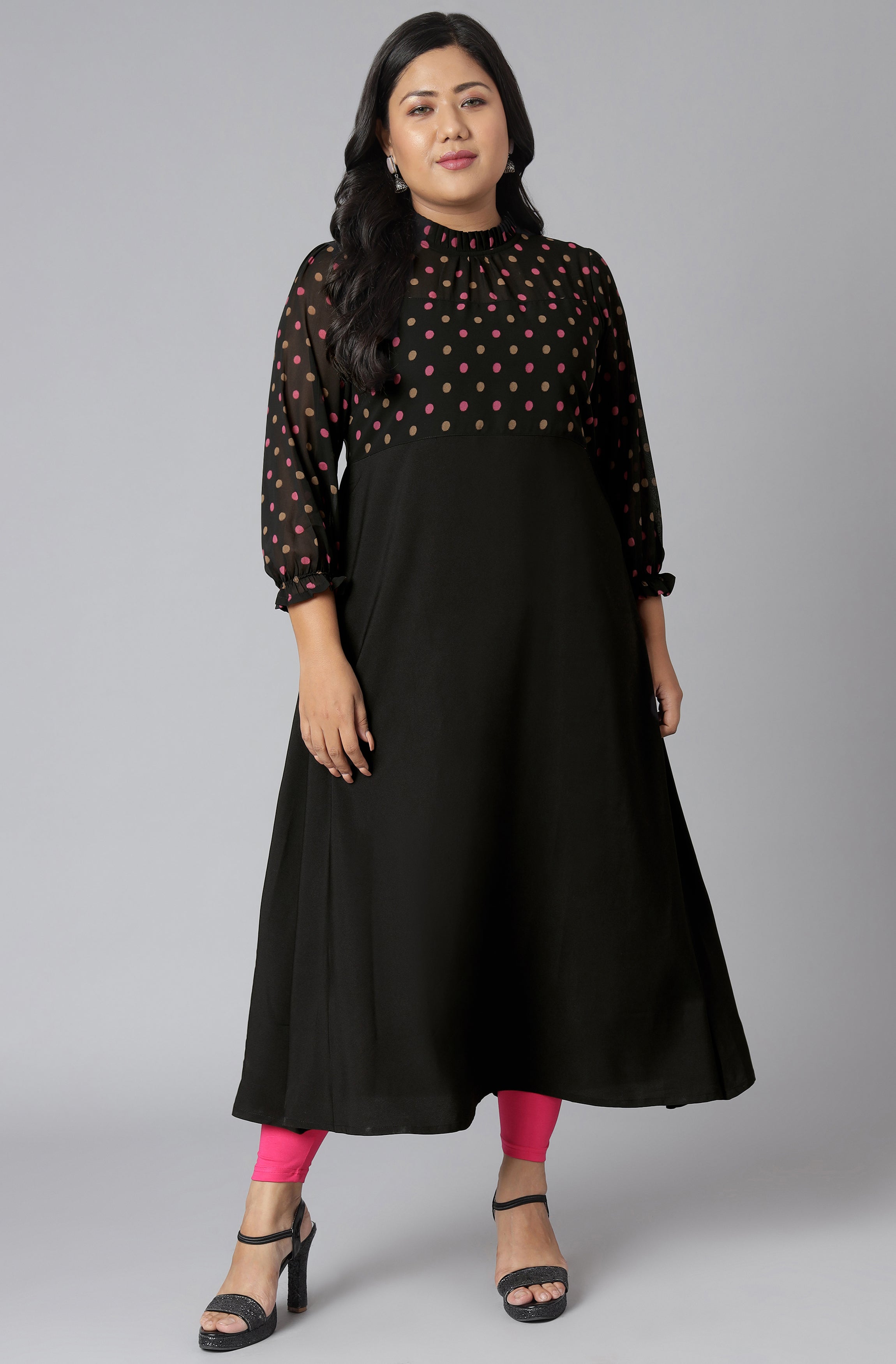 Janasya Women's Black Poly Crepe Polka Print Casual A-line Kurta - Distacart