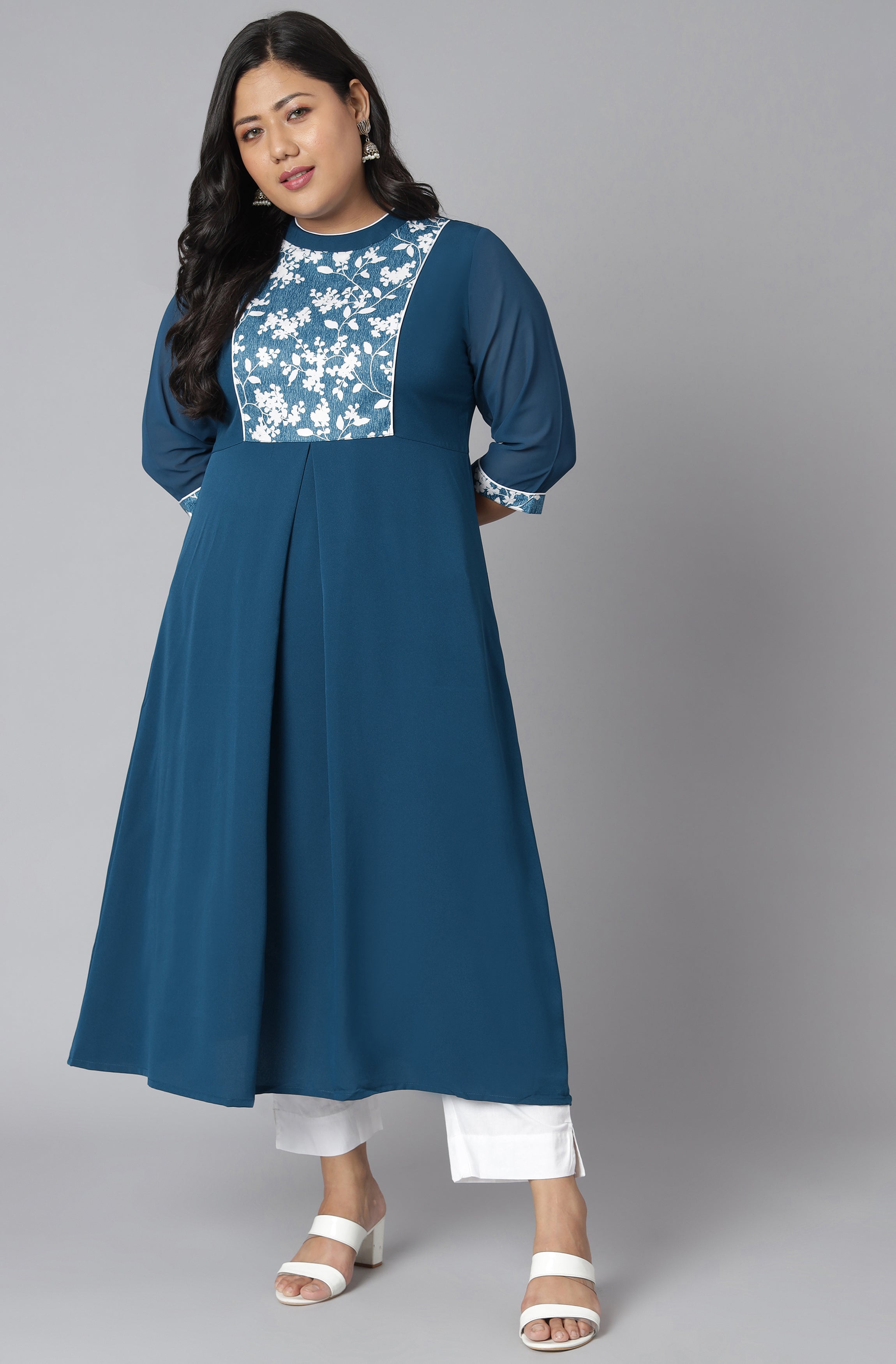 Janasya Women's Teal Poly Crepe Floral Print Casual A-line Kurta - Distacart