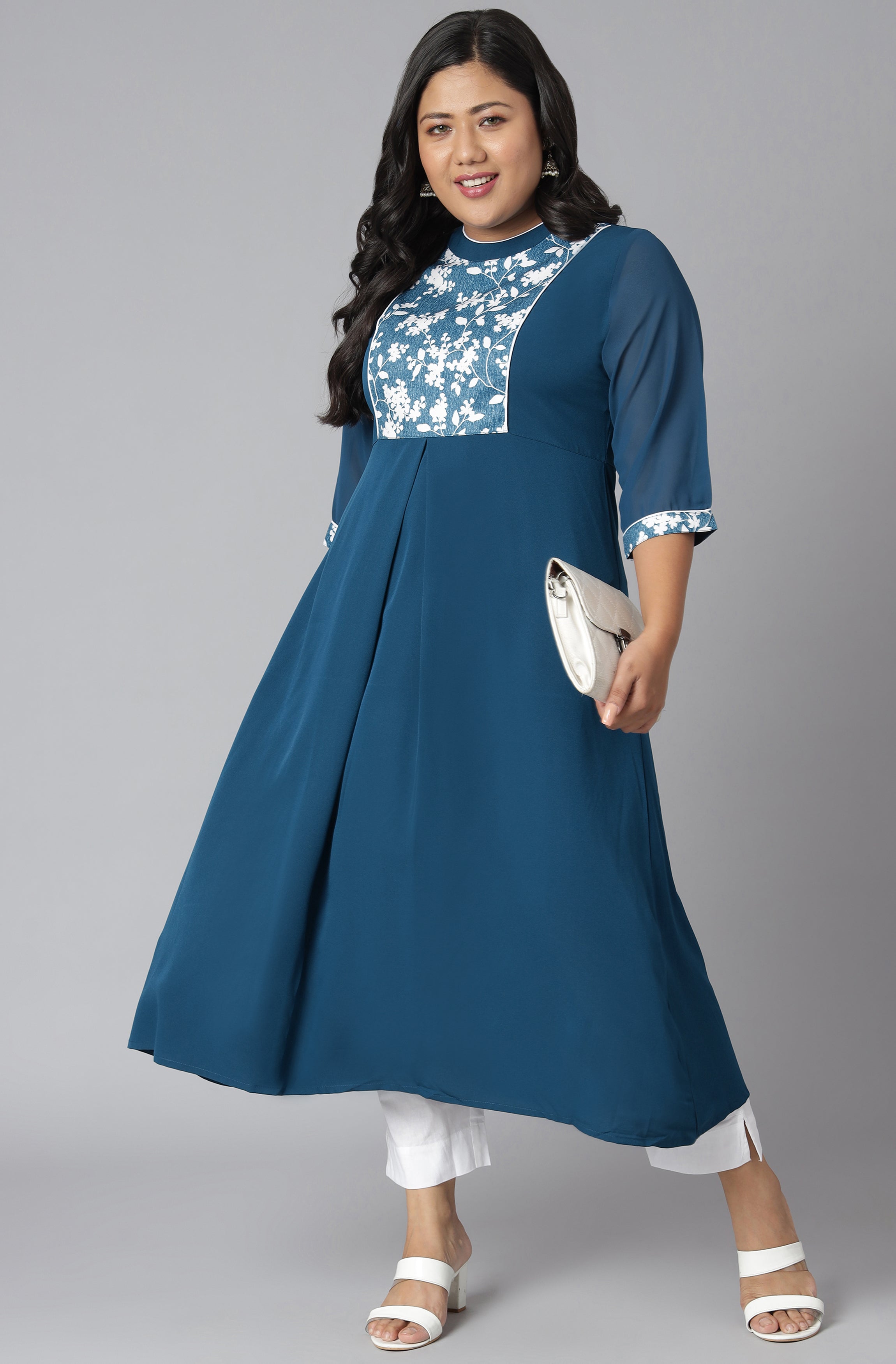 Janasya Women's Teal Poly Crepe Floral Print Casual A-line Kurta - Distacart