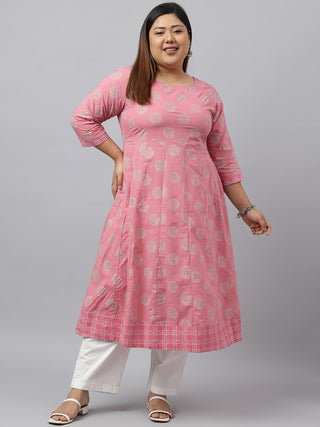Janasya Women's Pink Cotton Foil Floral Printed Casual Anarkali kurta - Distacart