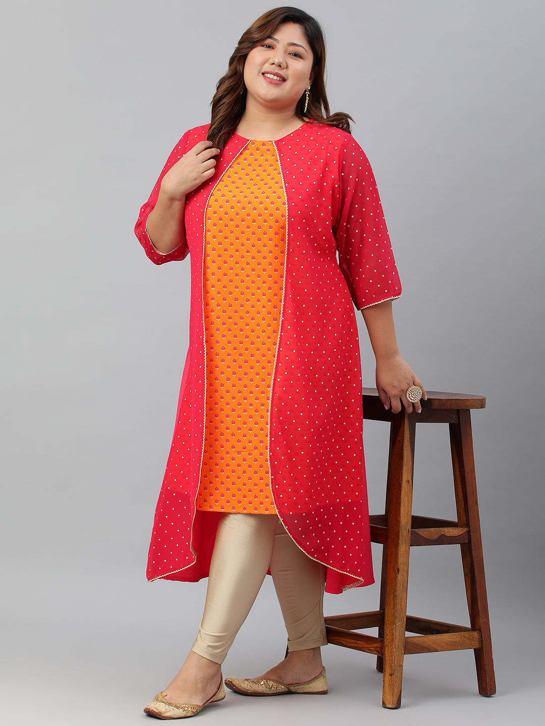 Janasya Women's Orange Poly Crepe Floral Print Festive & Party A-Line With Attached Jacket kurta - Distacart