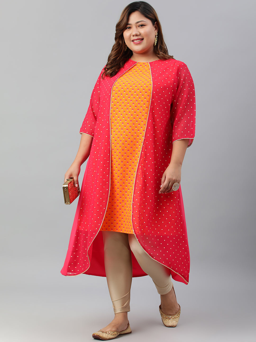 Janasya Women's Orange Poly Crepe Floral Print Festive & Party A-Line With Attached Jacket kurta - Distacart