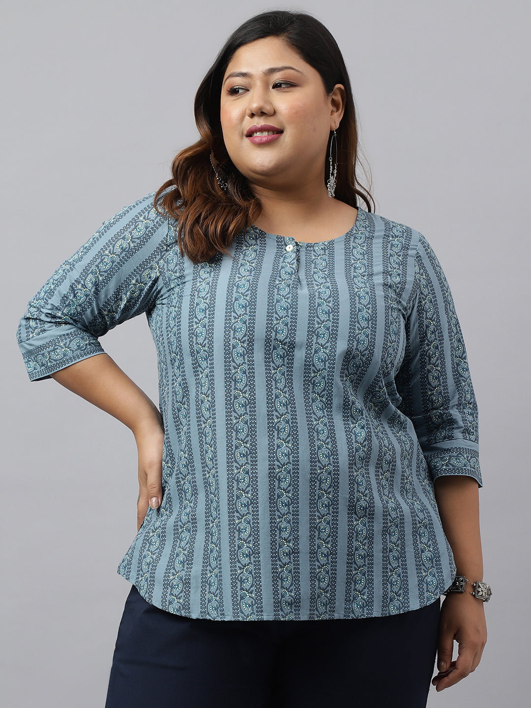 Janasya Women's Grey Cotton Floral Print Casual Regular Top - Distacart