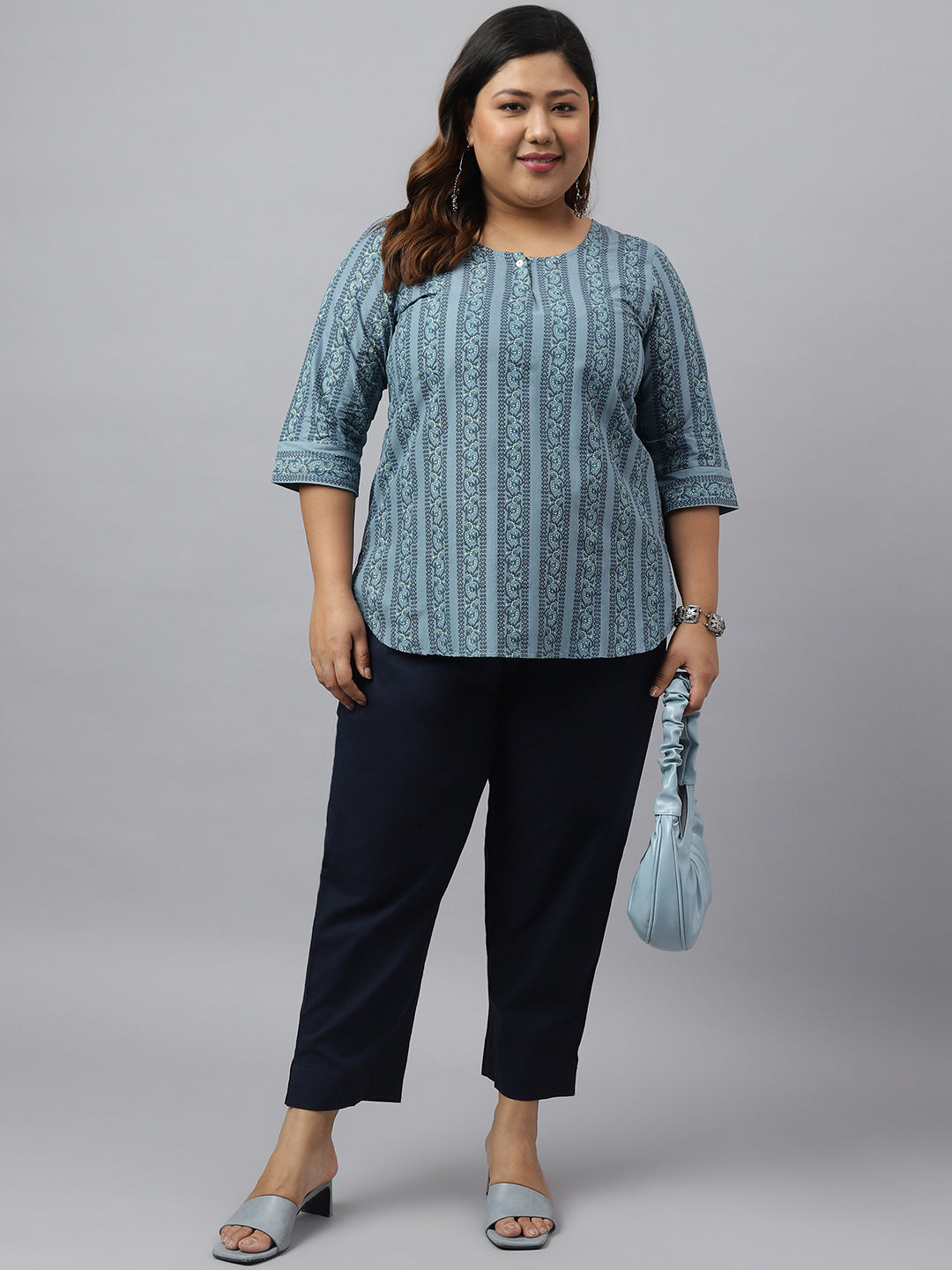 Janasya Women's Grey Cotton Floral Print Casual Regular Top - Distacart