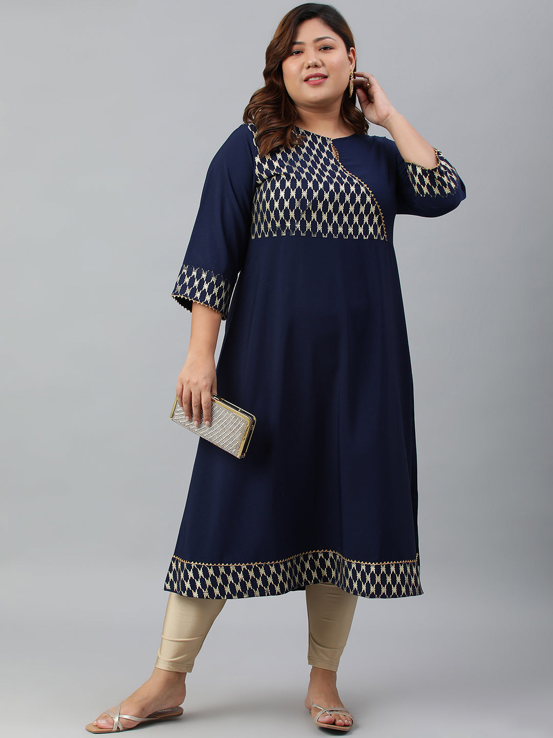 Janasya Women's Navy Blue Poly Crepe Ethnic Motifs Festive & Party A-line kurta - Distacart