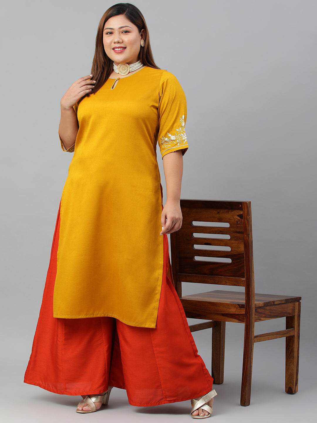 Janasya Women's Mustard Poly Silk Embroidered Festive & Party Straight kurta - Distacart
