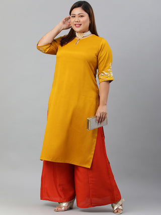 Janasya Women's Mustard Poly Silk Embroidered Festive & Party Straight kurta - Distacart