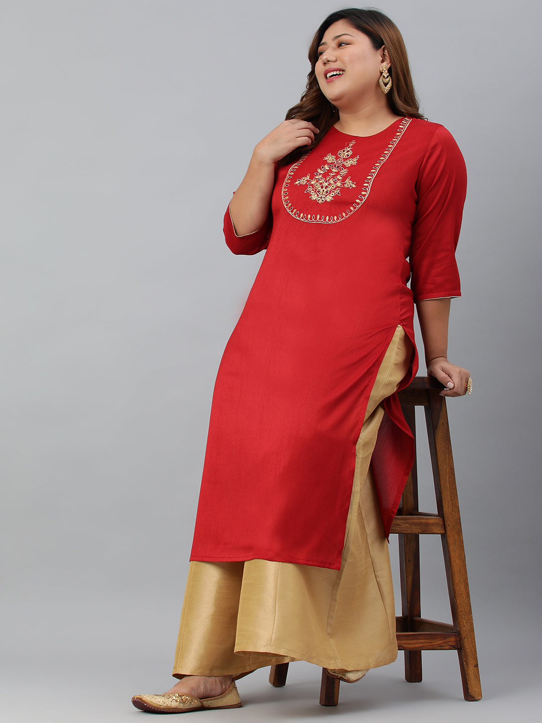 Janasya Women's Red Poly Silk Embroidered Festive & Party Straight kurta - Distacart