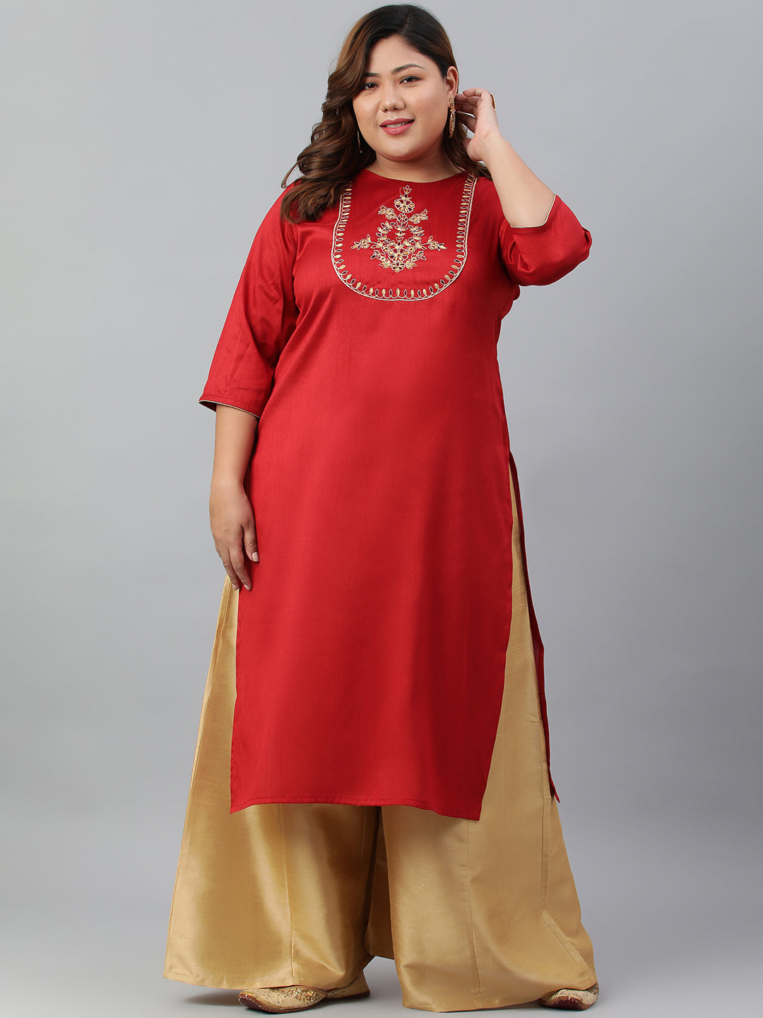 Janasya Women's Red Poly Silk Embroidered Festive & Party Straight kurta - Distacart