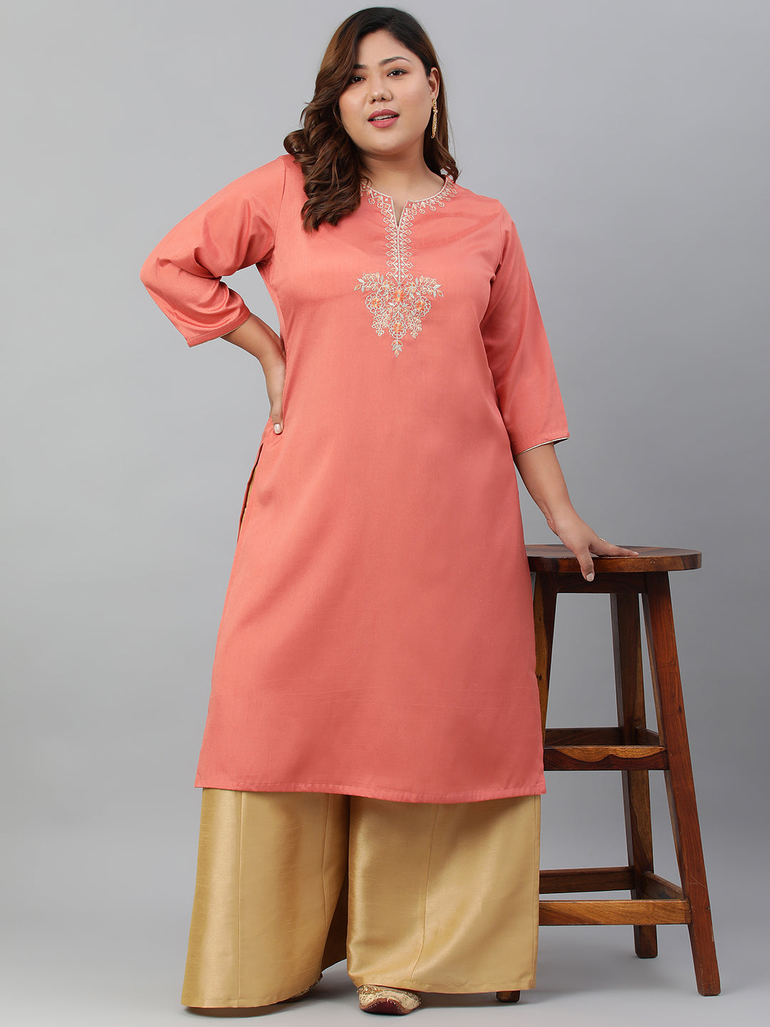 Janasya Women's Coral Poly Silk Embroidered Festive & Party Straight kurta - Distacart