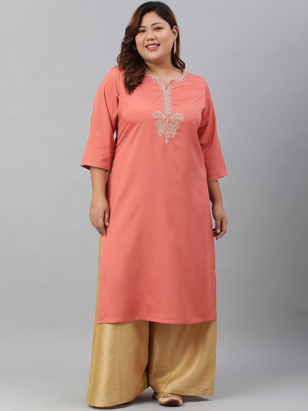 Janasya Women's Coral Poly Silk Embroidered Festive & Party Straight kurta - Distacart