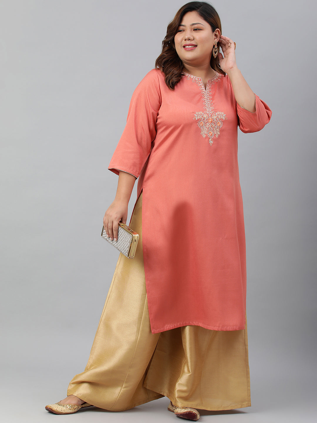 Janasya Women's Coral Poly Silk Embroidered Festive & Party Straight kurta - Distacart