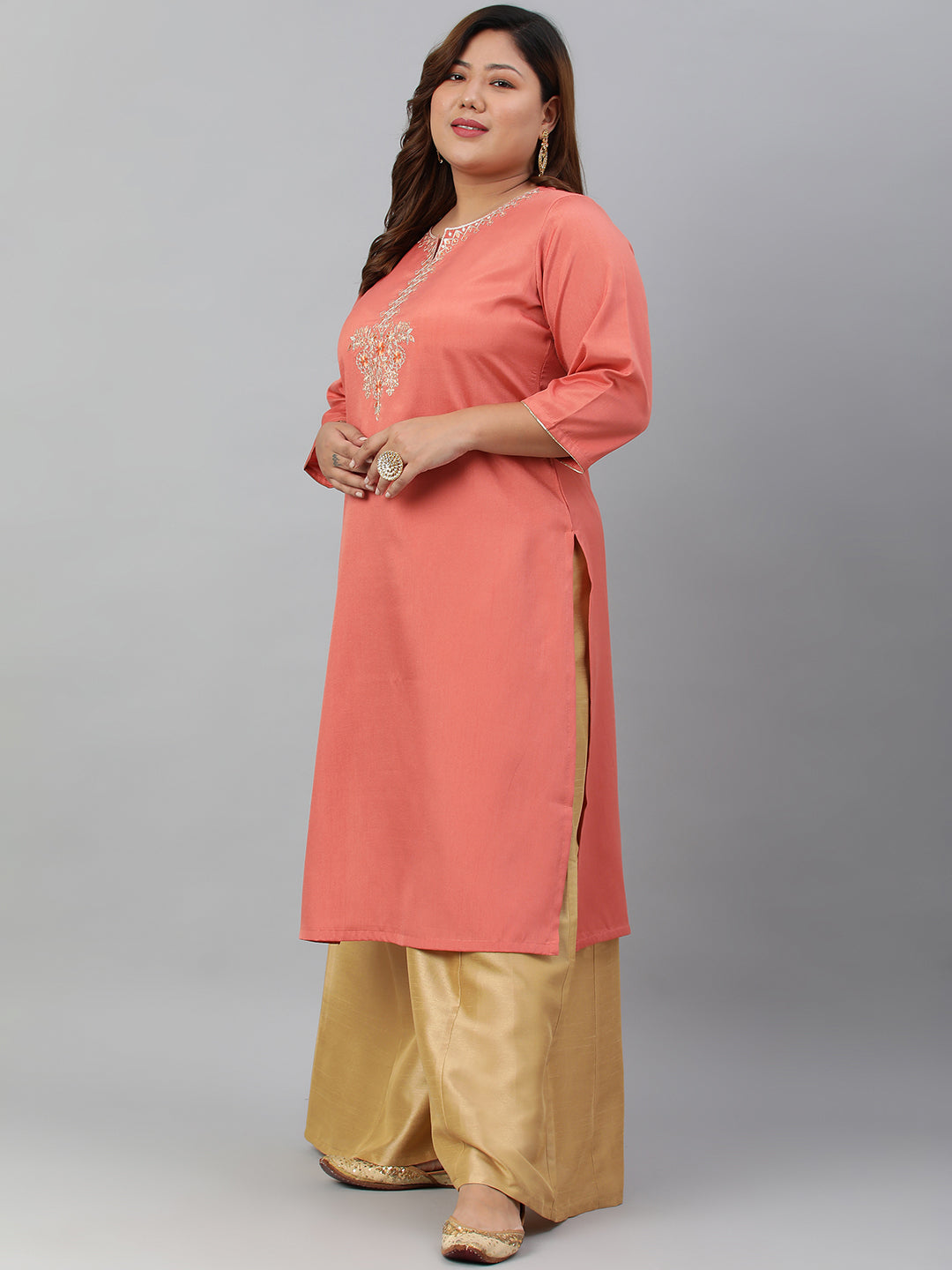 Janasya Women's Coral Poly Silk Embroidered Festive & Party Straight kurta - Distacart