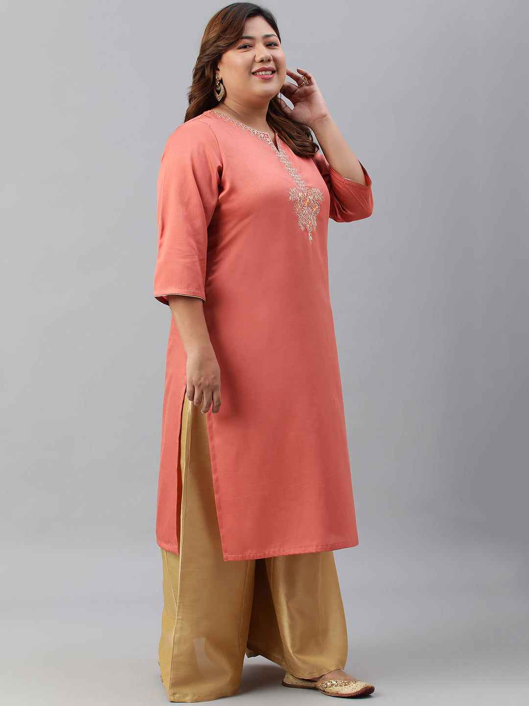 Janasya Women's Coral Poly Silk Embroidered Festive & Party Straight kurta - Distacart