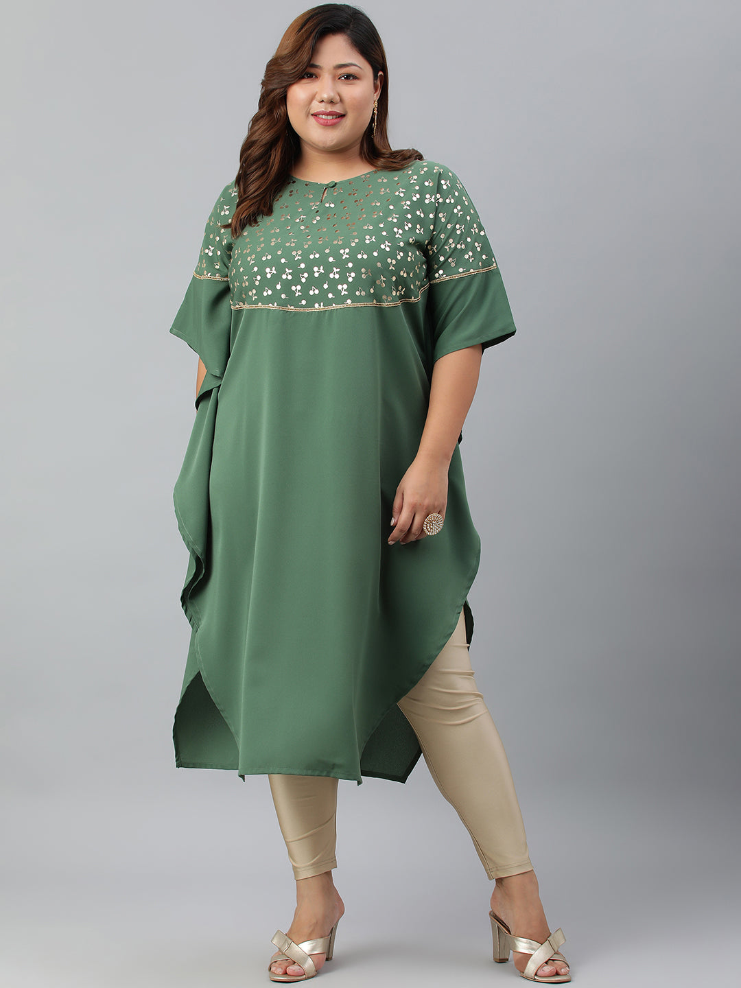 Janasya Women's Green Poly Crepe Foil Print Casual Kaftan kurta - Distacart