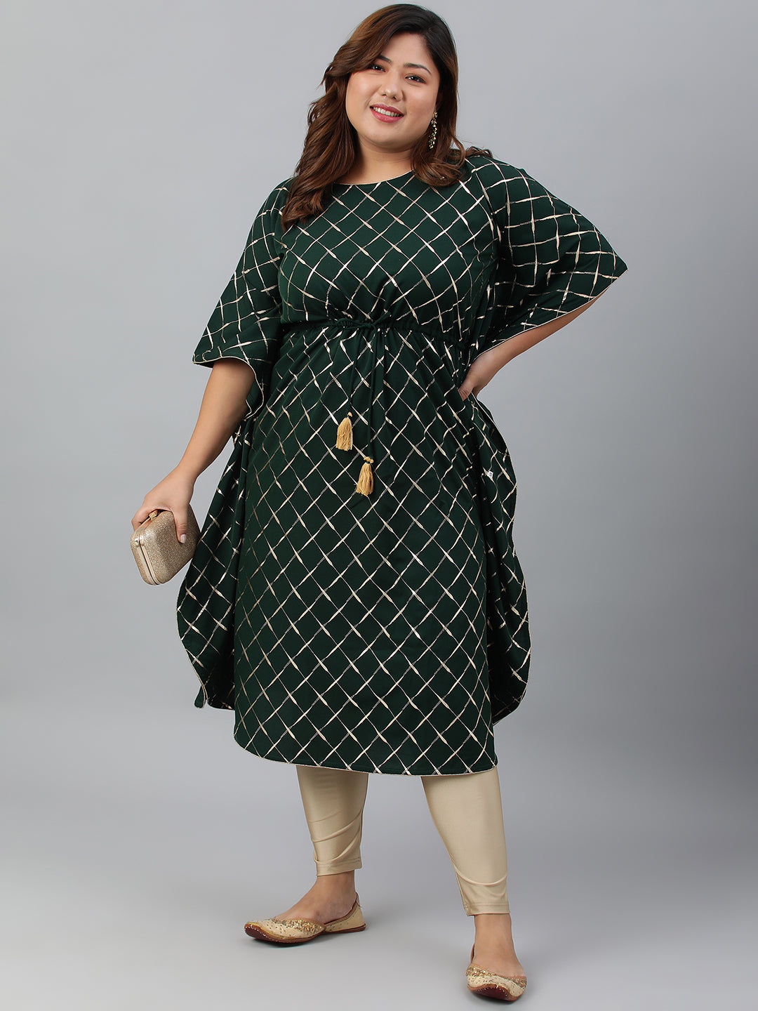 Janasya Women's Green Poly Crepe Checkered Festive & Party Kaftan kurta - Distacart