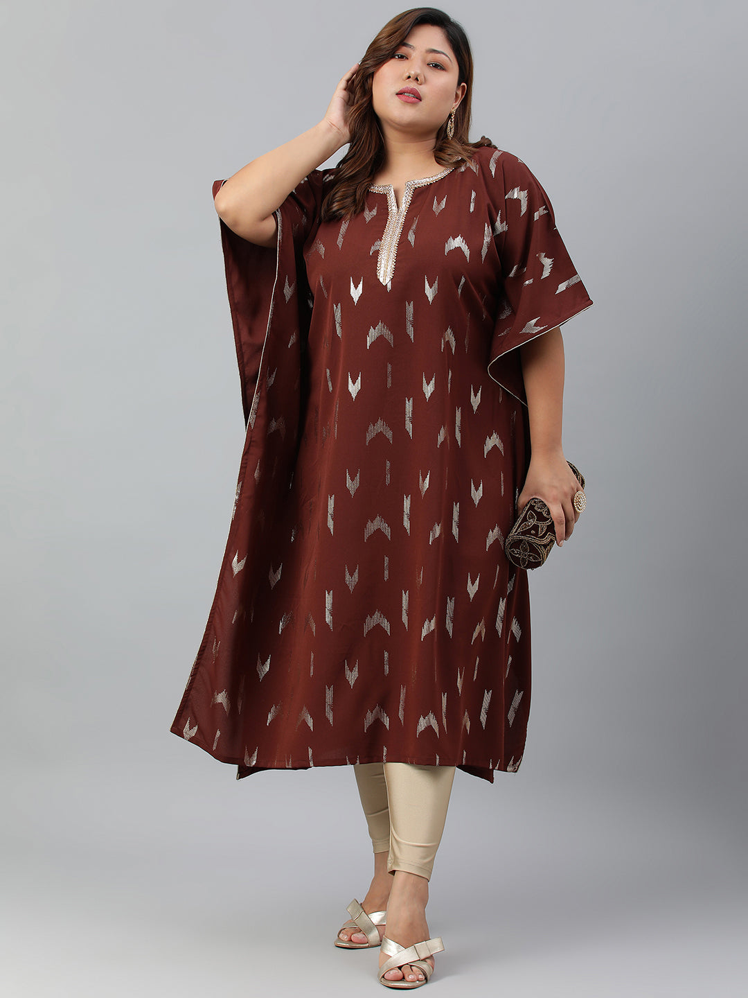 Janasya Women's Brown Poly Crepe Geometric Print Festive & Party Kaftan kurta - Distacart