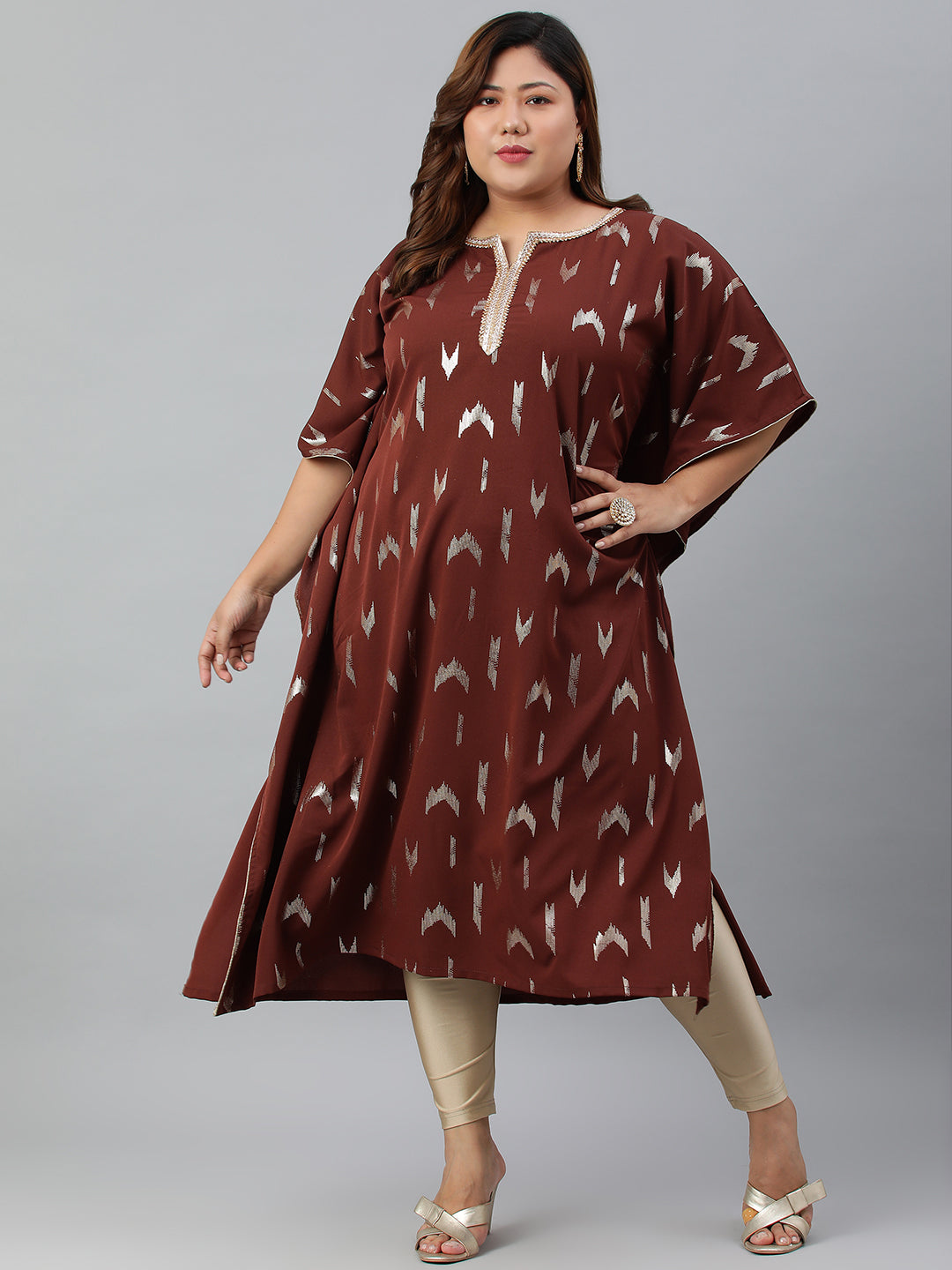 Janasya Women's Brown Poly Crepe Geometric Print Festive & Party Kaftan kurta - Distacart