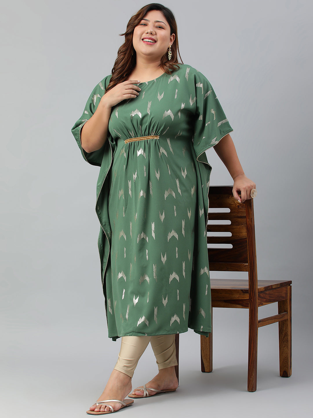 Janasya Women's Green Poly Crepe Foil Print Festive & Party Kaftan kurta - Distacart