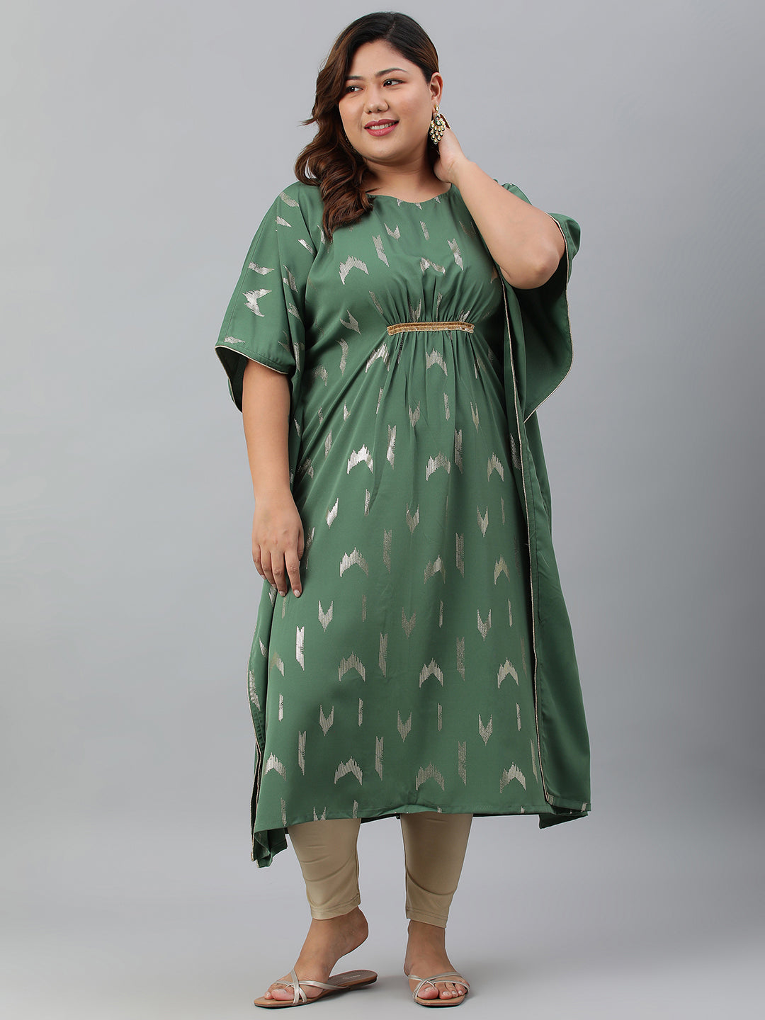 Janasya Women's Green Poly Crepe Foil Print Festive & Party Kaftan kurta - Distacart