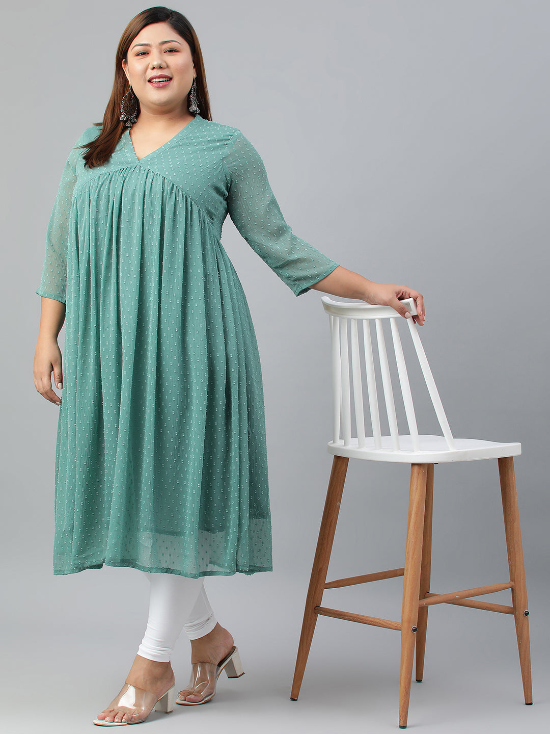 Janasya Women's Green Poly Chiffon Self Design Casual Flared kurta - Distacart